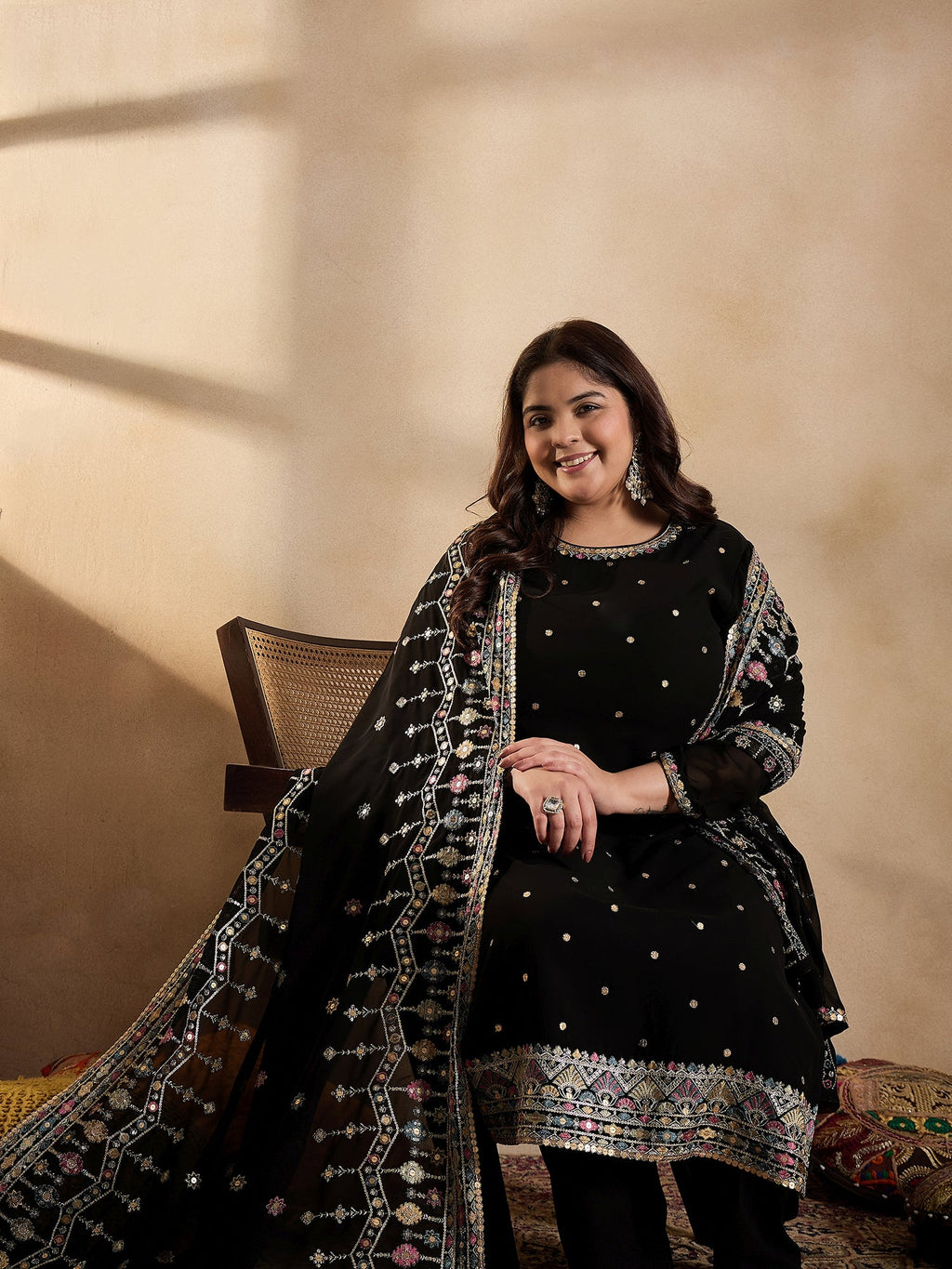 Ethnic Motifs Embroidered Thread Work Georgette Kurta with Palazzo & Dupatta - ID