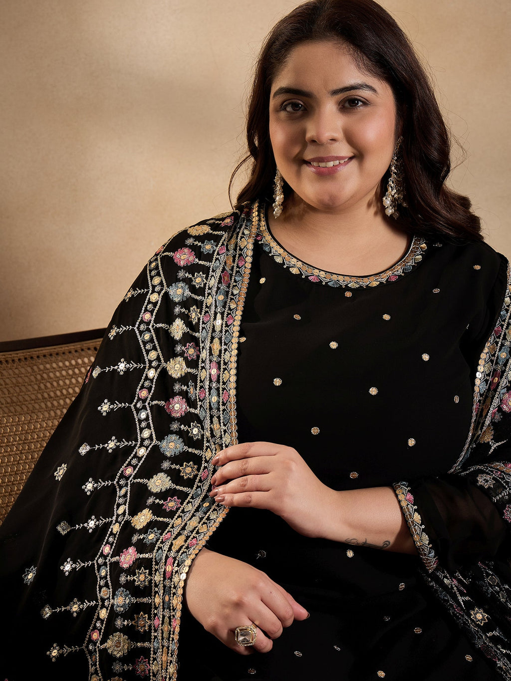 Ethnic Motifs Embroidered Thread Work Georgette Kurta with Palazzo & Dupatta - ID