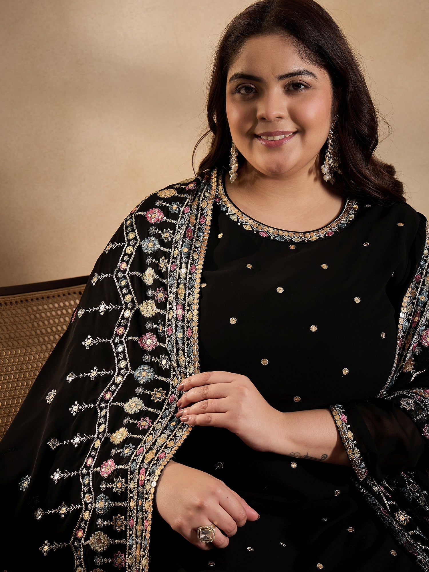 Ethnic Motifs Embroidered Thread Work Georgette Kurta with Palazzo & Dupatta - ID