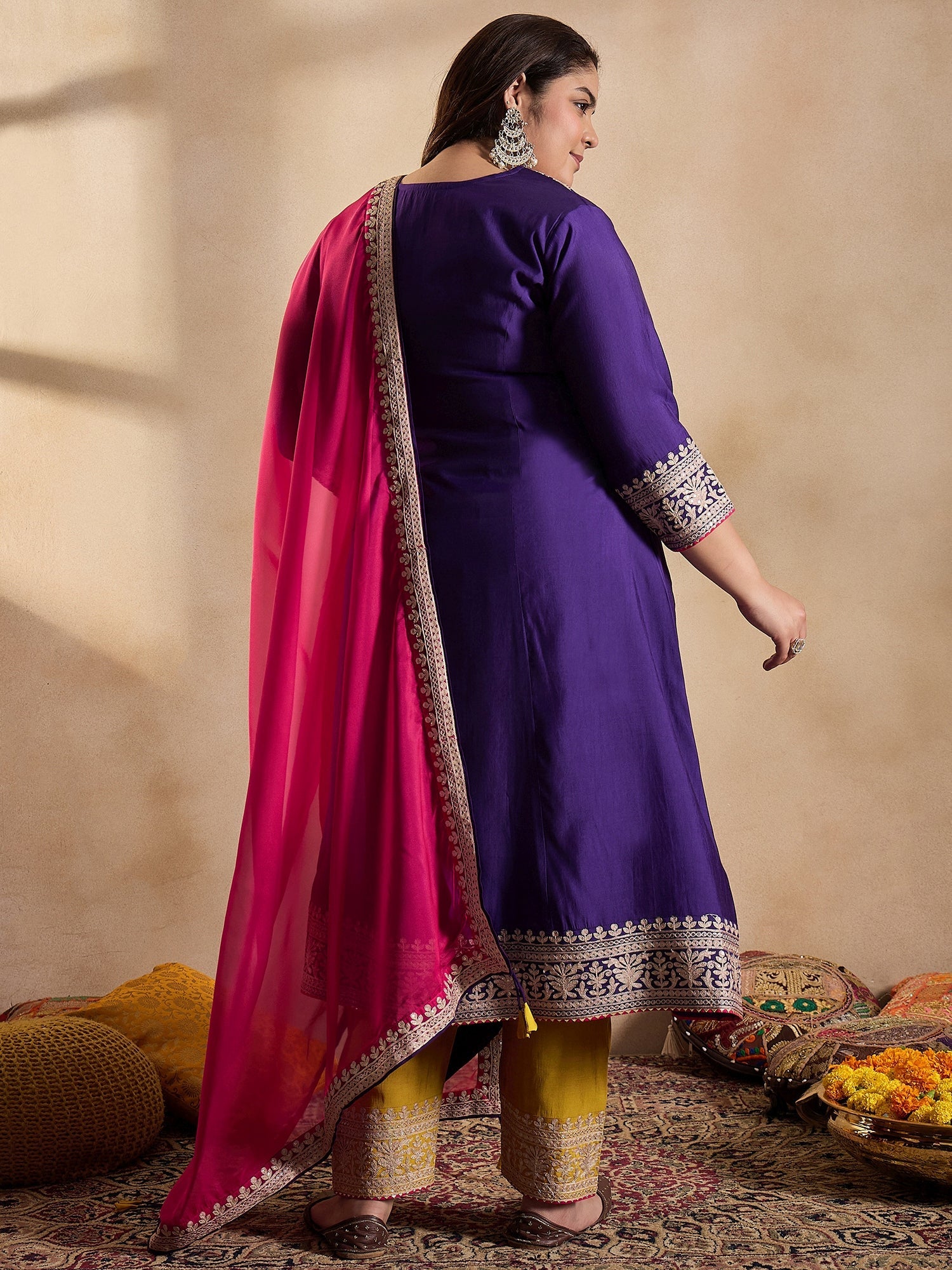 Floral Embroidered Zari Georgette Kurta with Trousers & Dupatta - ID