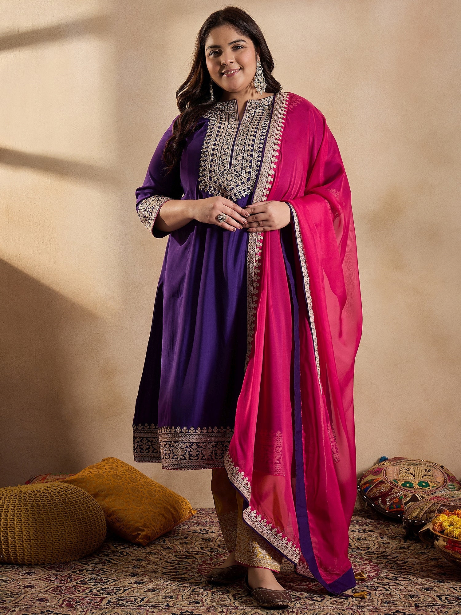 Floral Embroidered Zari Georgette Kurta with Trousers & Dupatta - ID