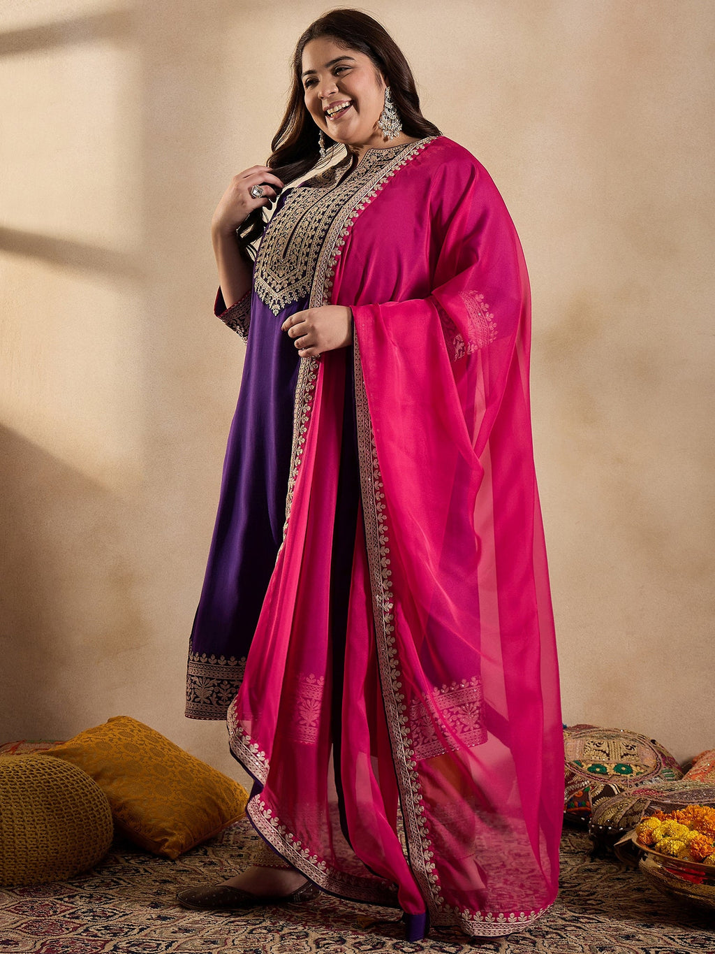 Floral Embroidered Zari Georgette Kurta with Trousers & Dupatta - ID