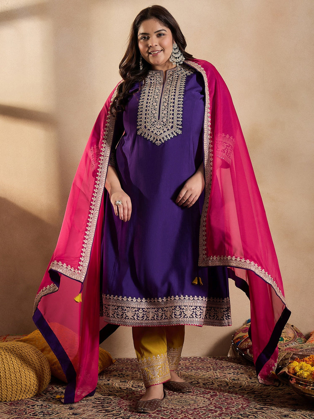 Floral Embroidered Zari Georgette Kurta with Trousers & Dupatta - ID