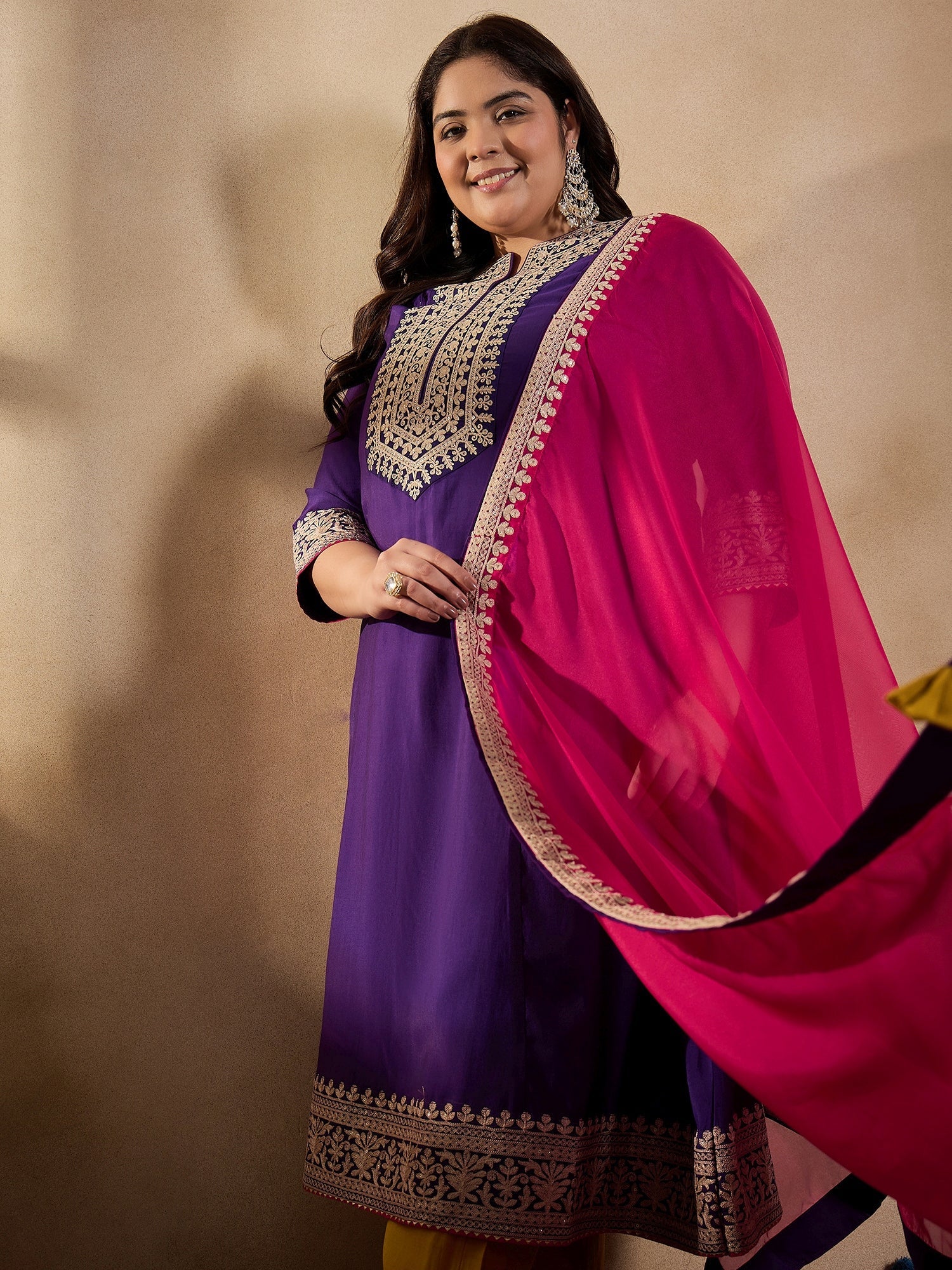 Floral Embroidered Zari Georgette Kurta with Trousers & Dupatta - ID