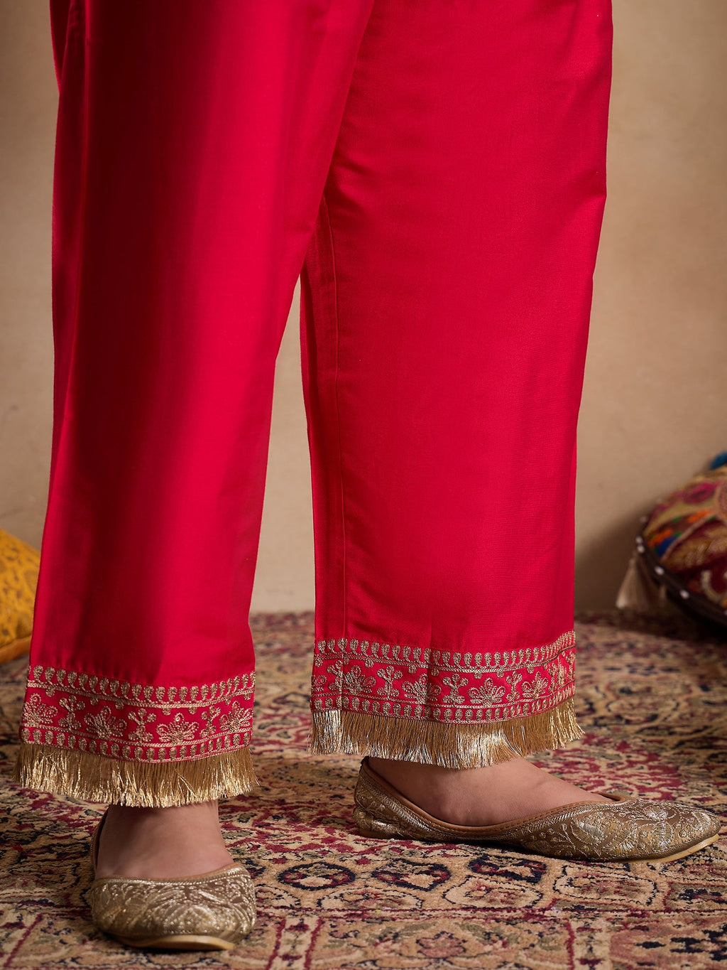 Tie-Up Neck Ethnic Motifs Embroidered Straight Kurta with Trouser & Dupatta - ID