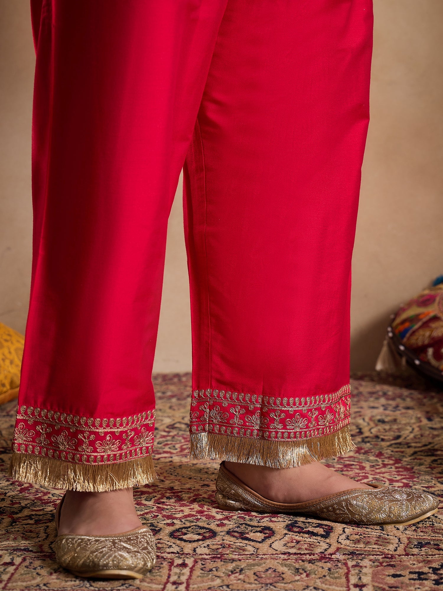 Tie-Up Neck Ethnic Motifs Embroidered Straight Kurta with Trouser & Dupatta - ID