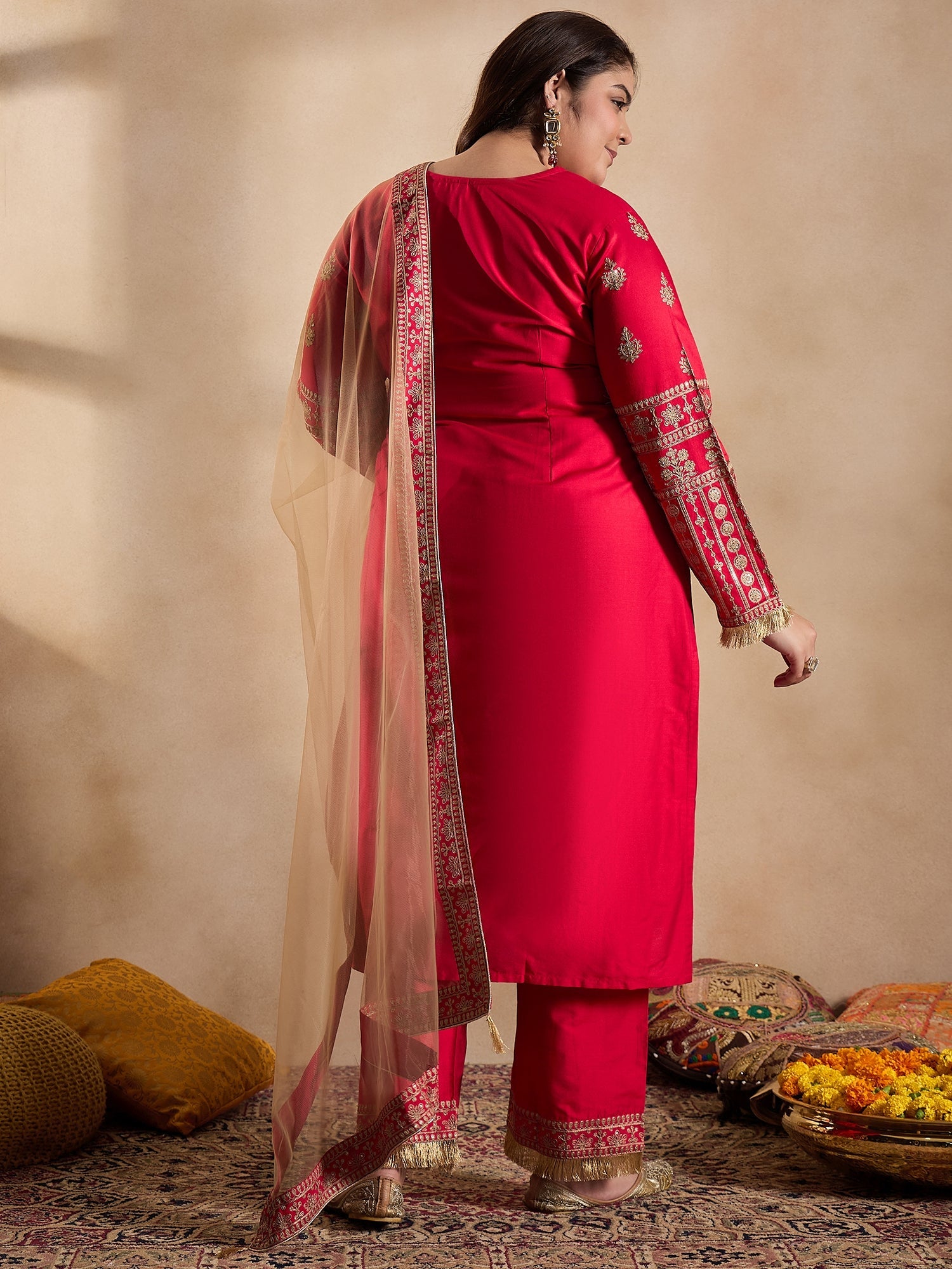 Tie-Up Neck Ethnic Motifs Embroidered Straight Kurta with Trouser & Dupatta - ID