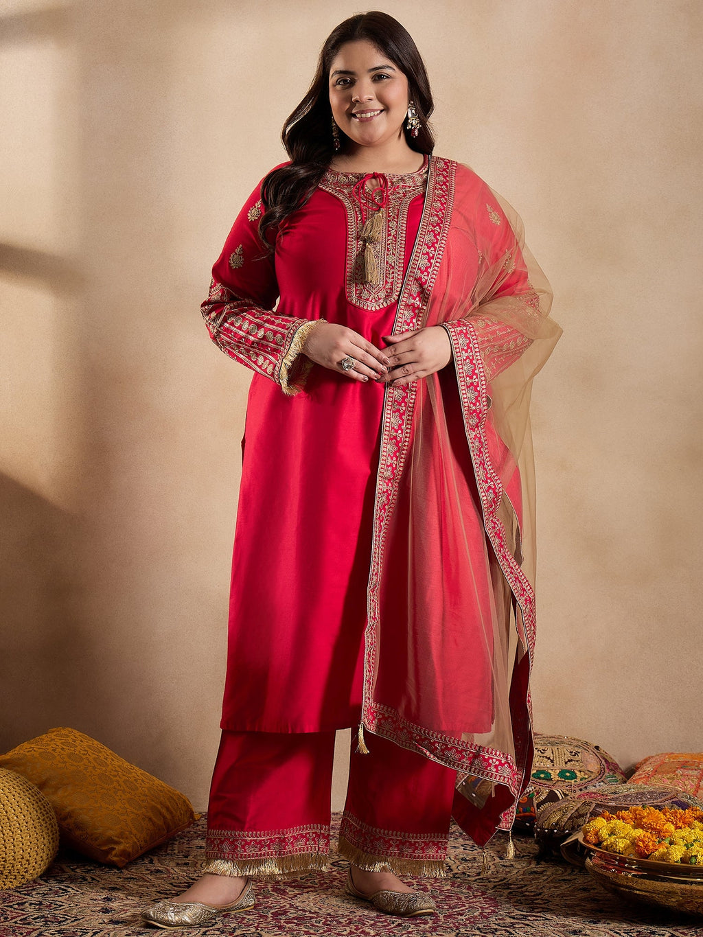 Tie-Up Neck Ethnic Motifs Embroidered Straight Kurta with Trouser & Dupatta - ID
