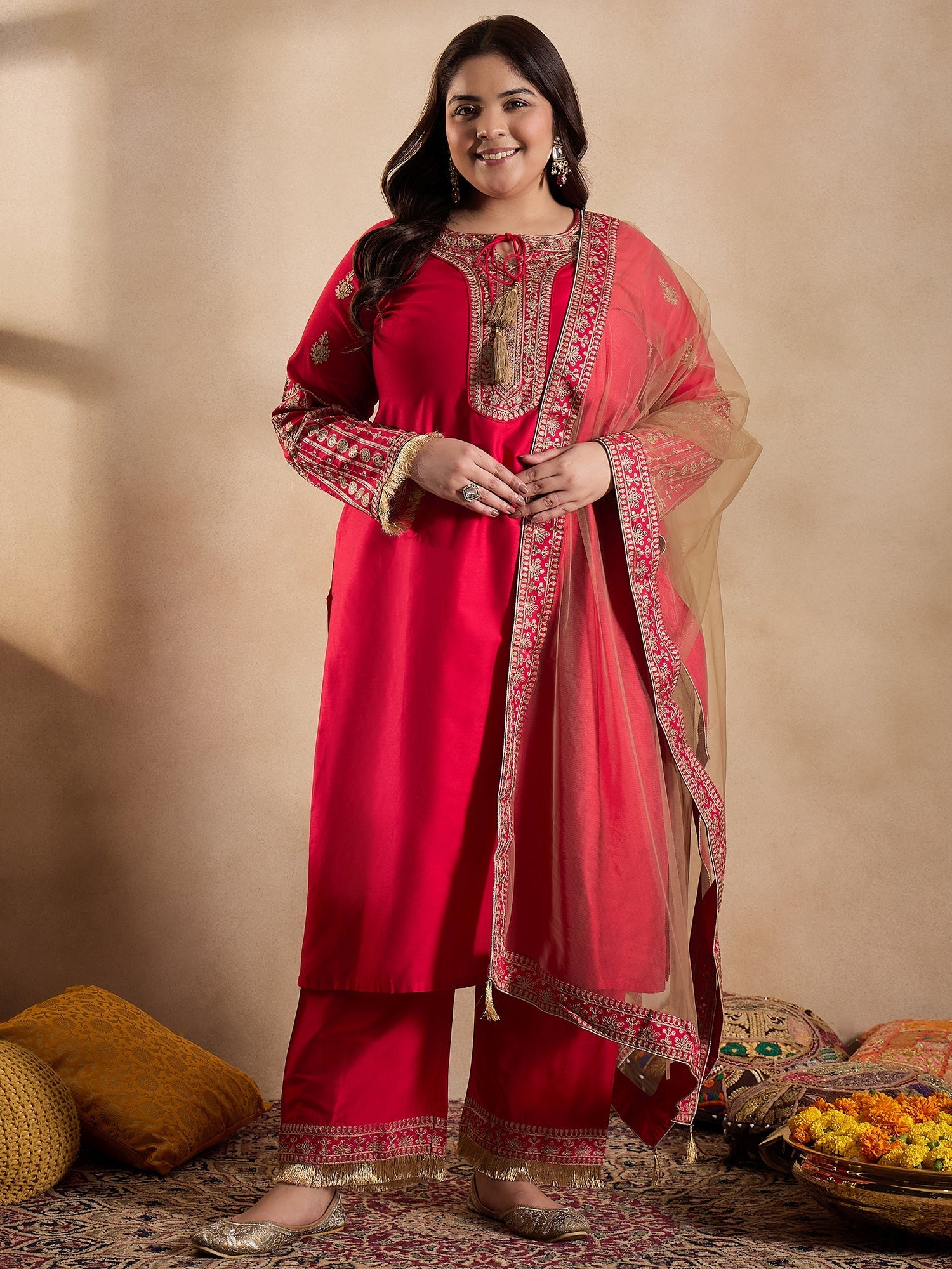 Tie-Up Neck Ethnic Motifs Embroidered Straight Kurta with Trouser & Dupatta - ID