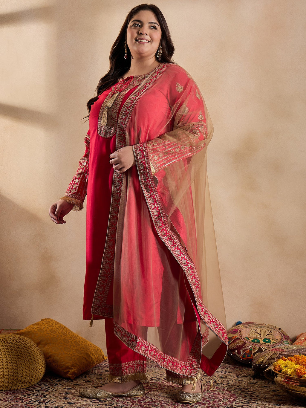 Tie-Up Neck Ethnic Motifs Embroidered Straight Kurta with Trouser & Dupatta - ID