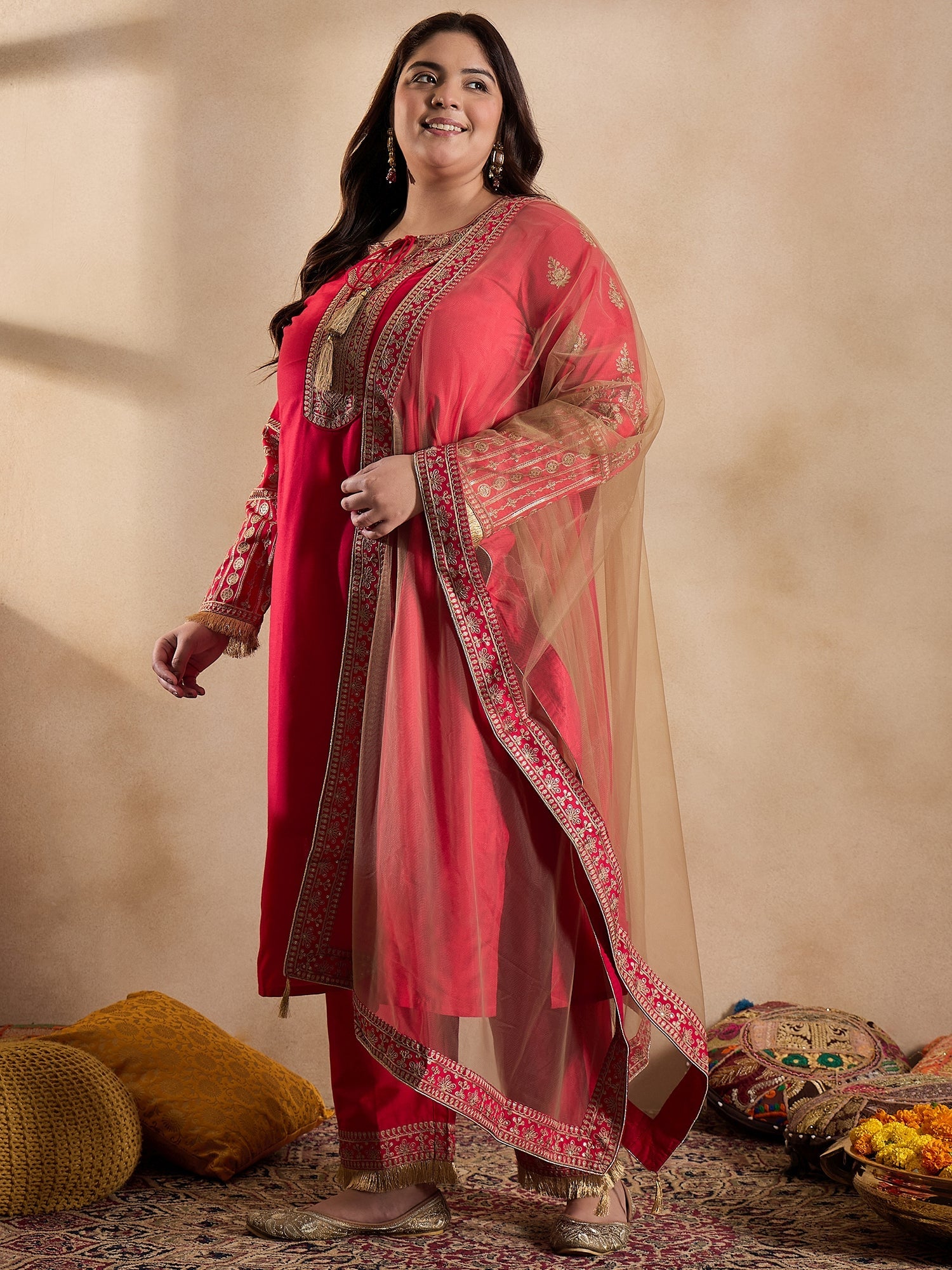 Tie-Up Neck Ethnic Motifs Embroidered Straight Kurta with Trouser & Dupatta - ID