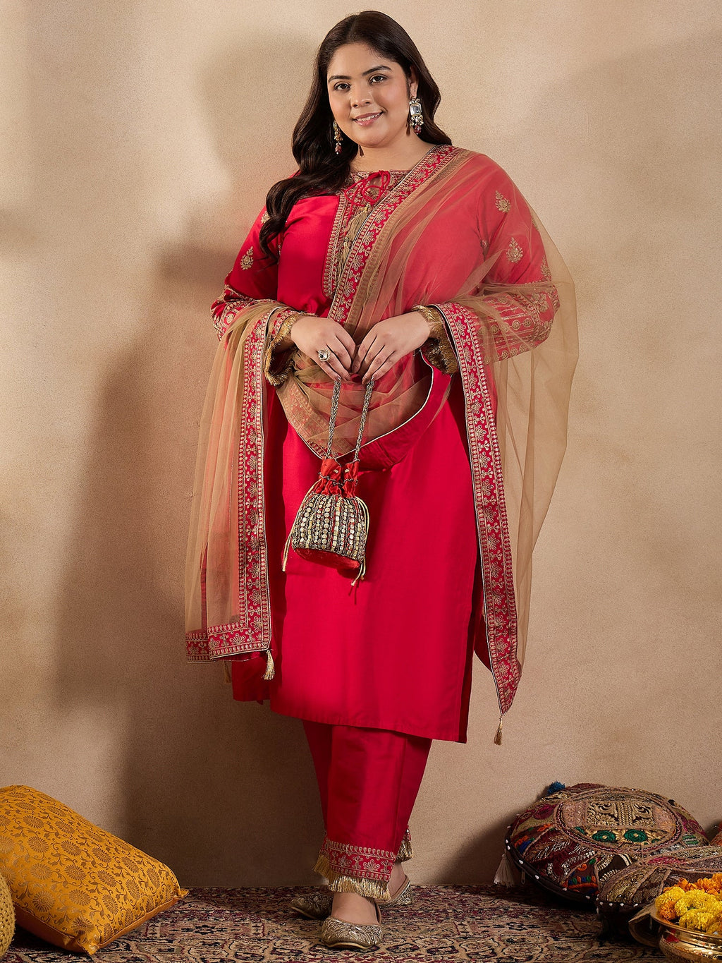 Tie-Up Neck Ethnic Motifs Embroidered Straight Kurta with Trouser & Dupatta - ID