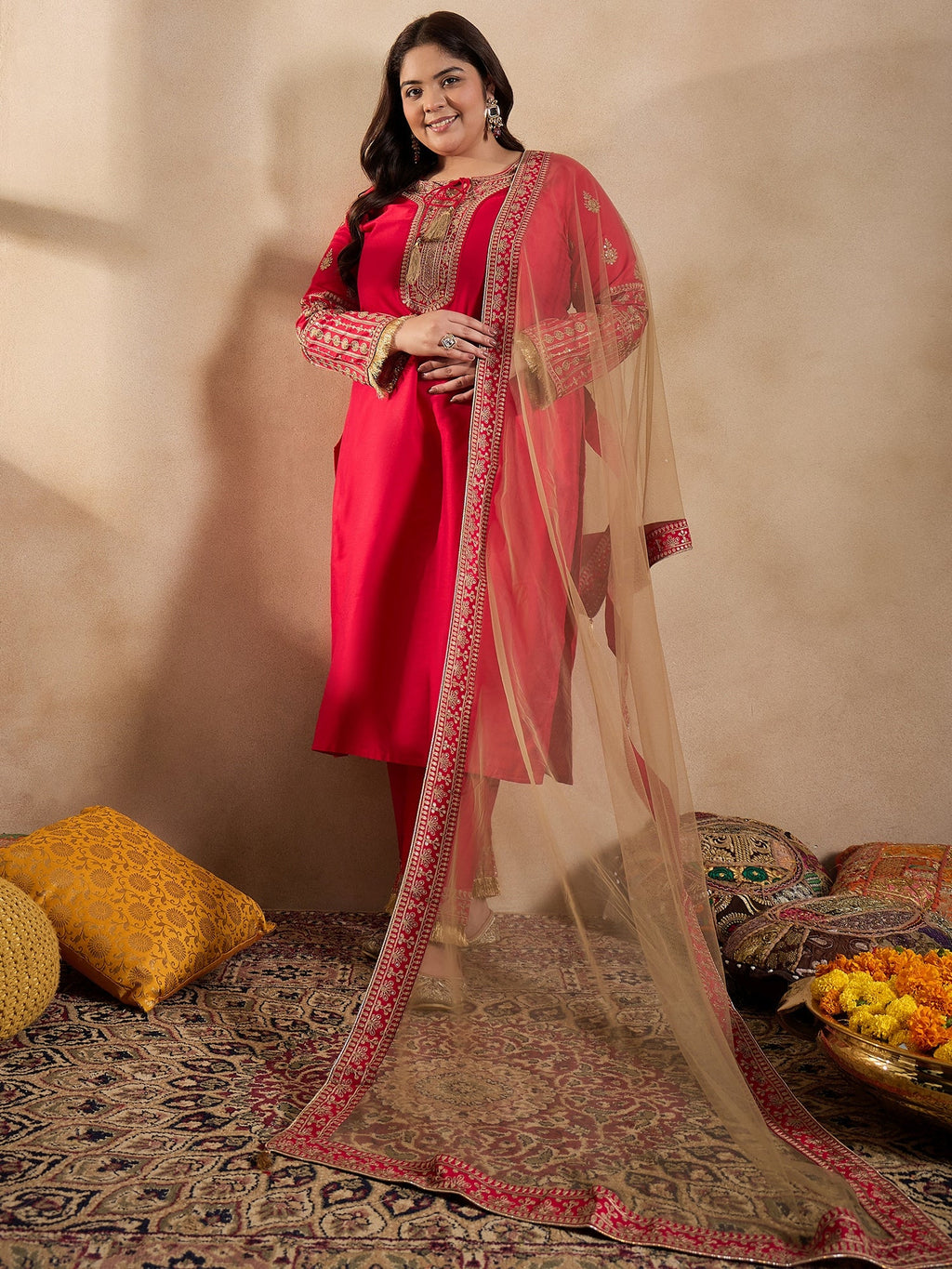 Tie-Up Neck Ethnic Motifs Embroidered Straight Kurta with Trouser & Dupatta - ID