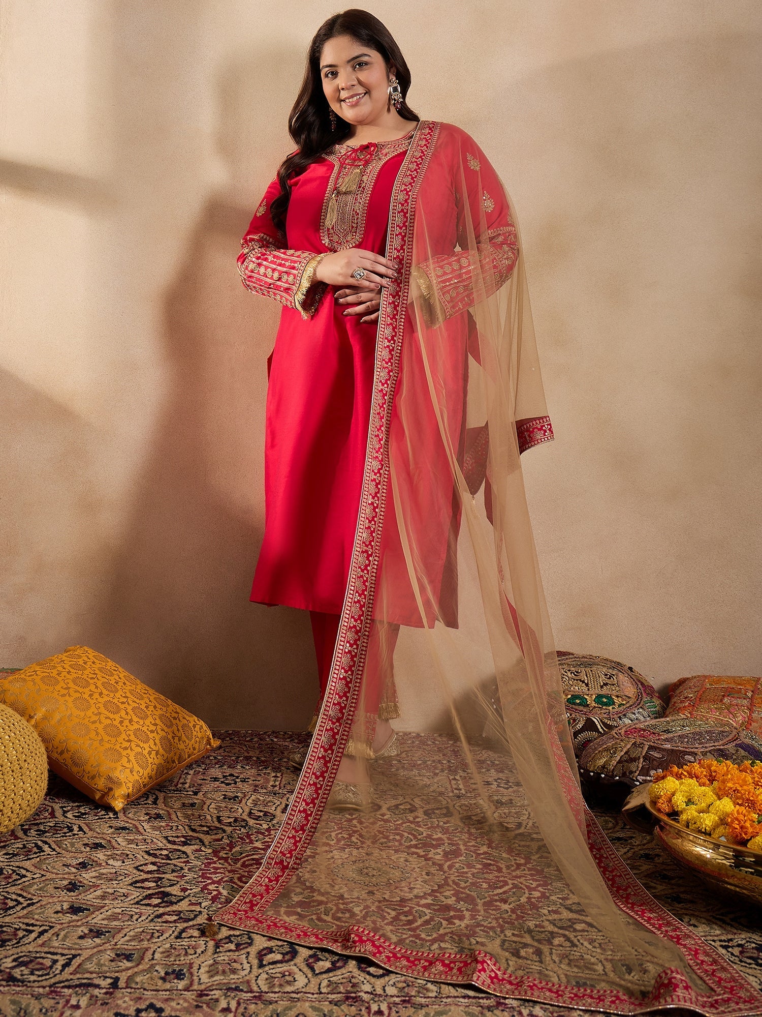 Tie-Up Neck Ethnic Motifs Embroidered Straight Kurta with Trouser & Dupatta - ID