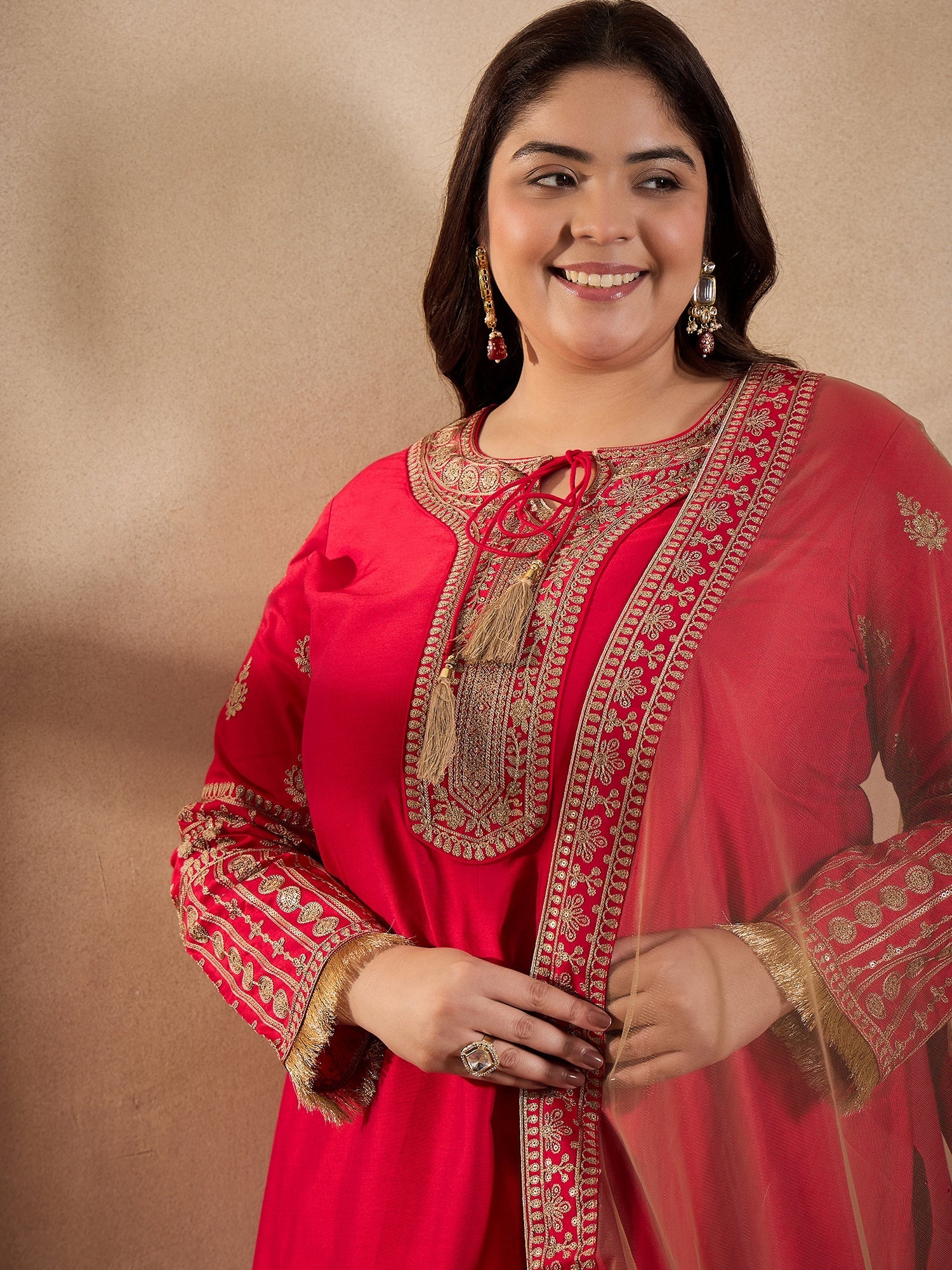 Tie-Up Neck Ethnic Motifs Embroidered Straight Kurta with Trouser & Dupatta - ID