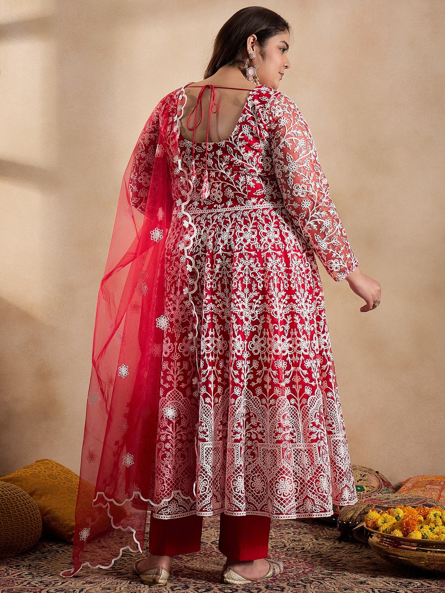 Floral Embroidered Thread Work Anarkali Net Kurta with Trousers & Dupatta - ID