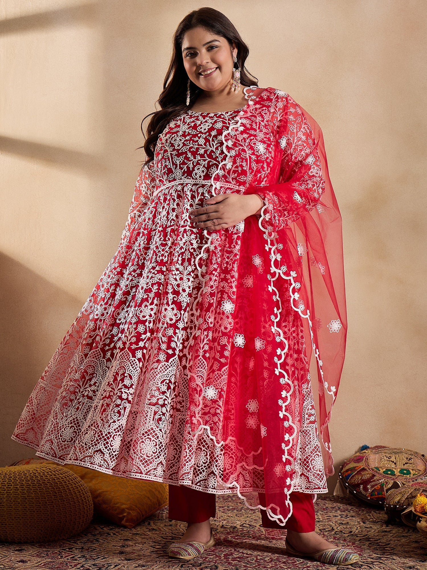 Floral Embroidered Thread Work Anarkali Net Kurta with Trousers & Dupatta - ID