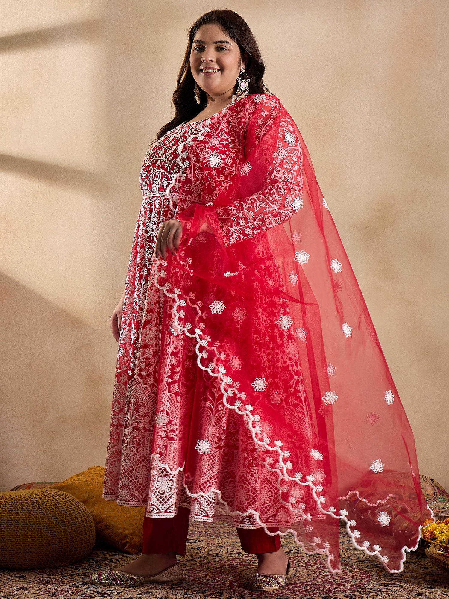 Floral Embroidered Thread Work Anarkali Net Kurta with Trousers & Dupatta - ID