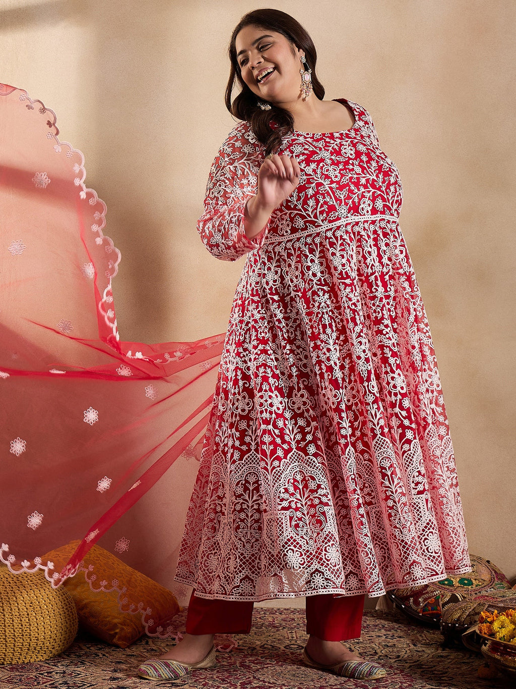 Floral Embroidered Thread Work Anarkali Net Kurta with Trousers & Dupatta - ID