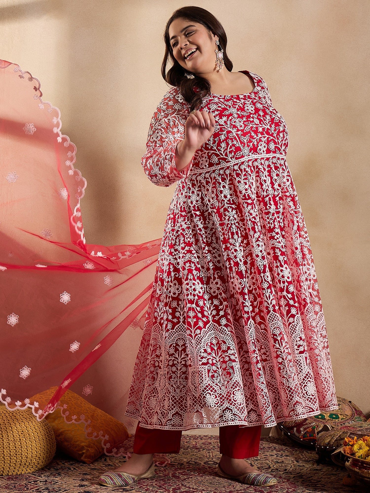 Floral Embroidered Thread Work Anarkali Net Kurta with Trousers & Dupatta - ID