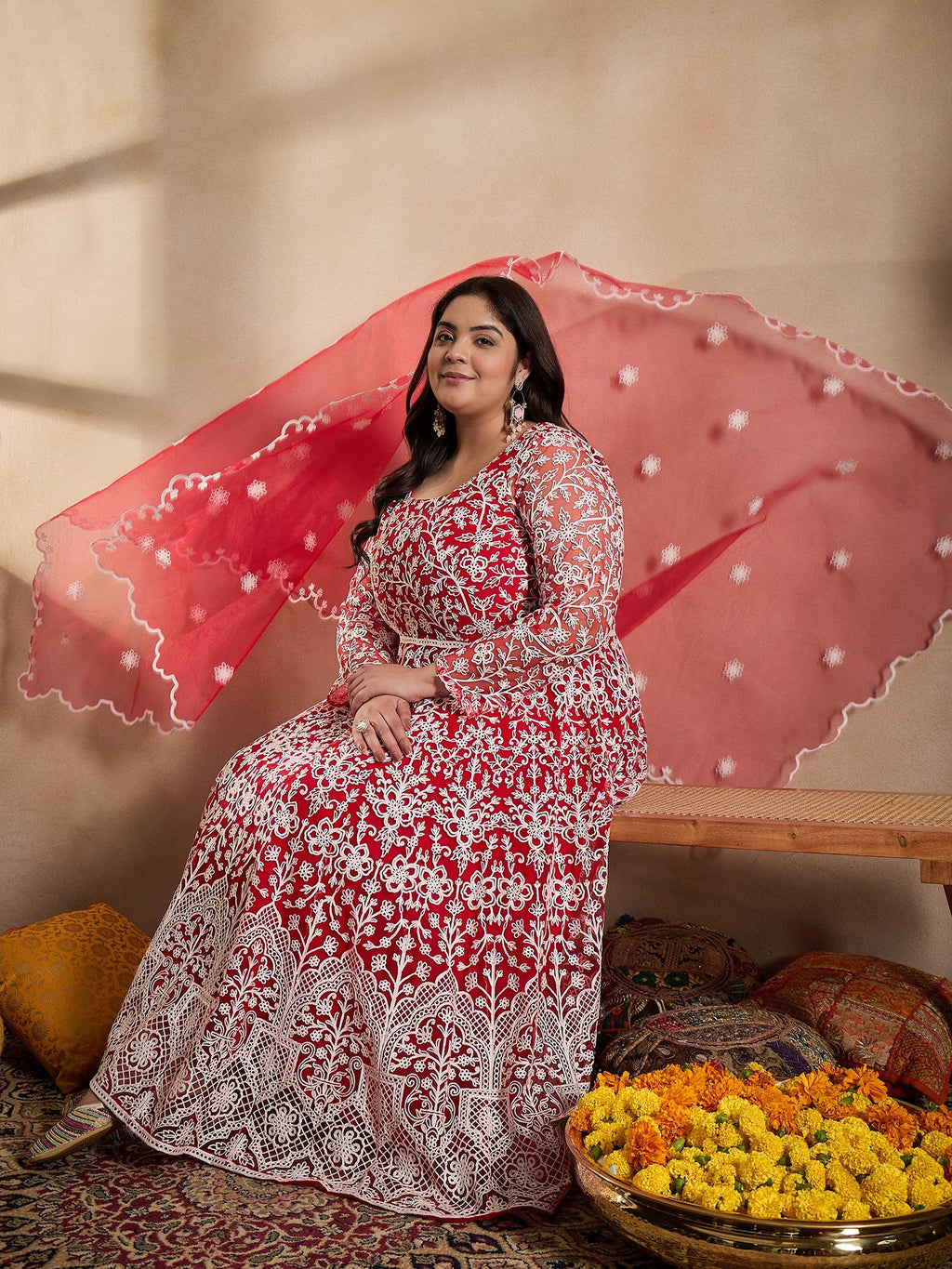Floral Embroidered Thread Work Anarkali Net Kurta with Trousers & Dupatta - ID