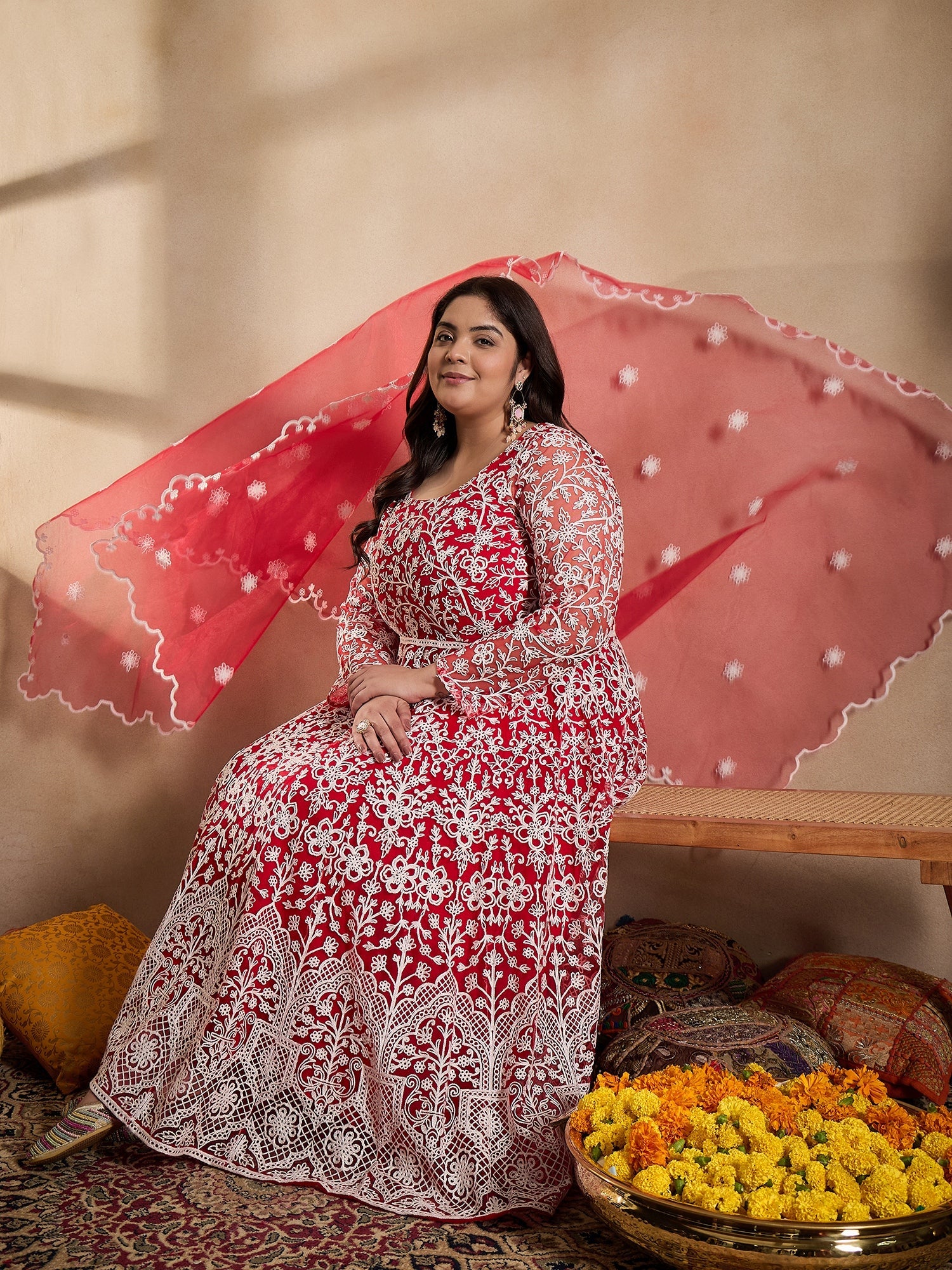Floral Embroidered Thread Work Anarkali Net Kurta with Trousers & Dupatta - ID