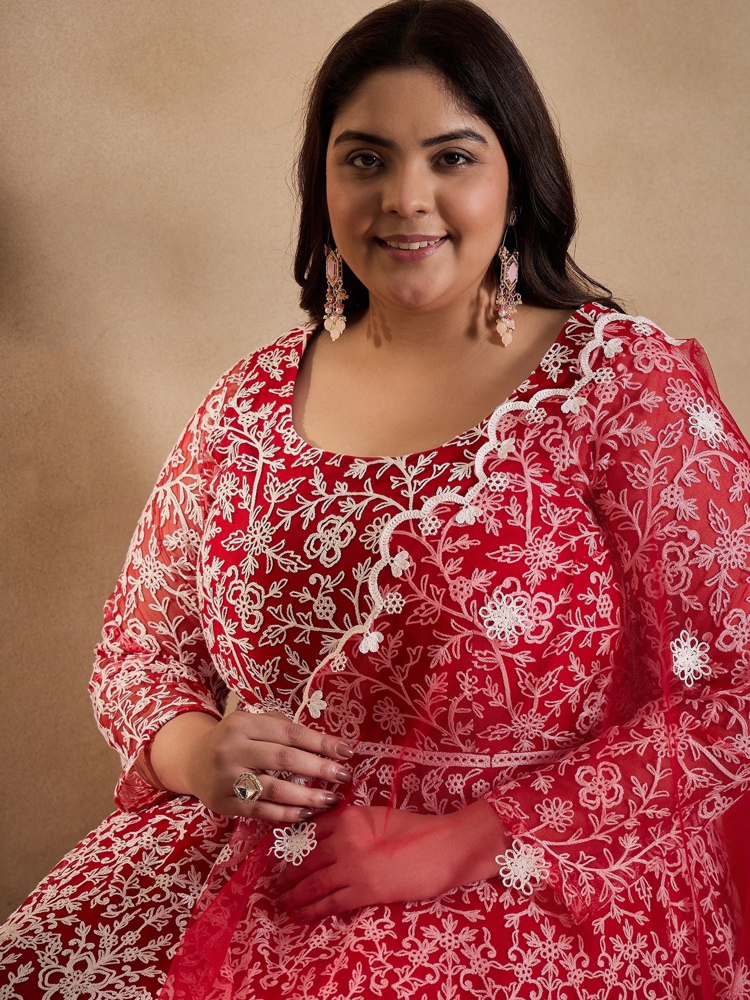 Floral Embroidered Thread Work Anarkali Net Kurta with Trousers & Dupatta - ID