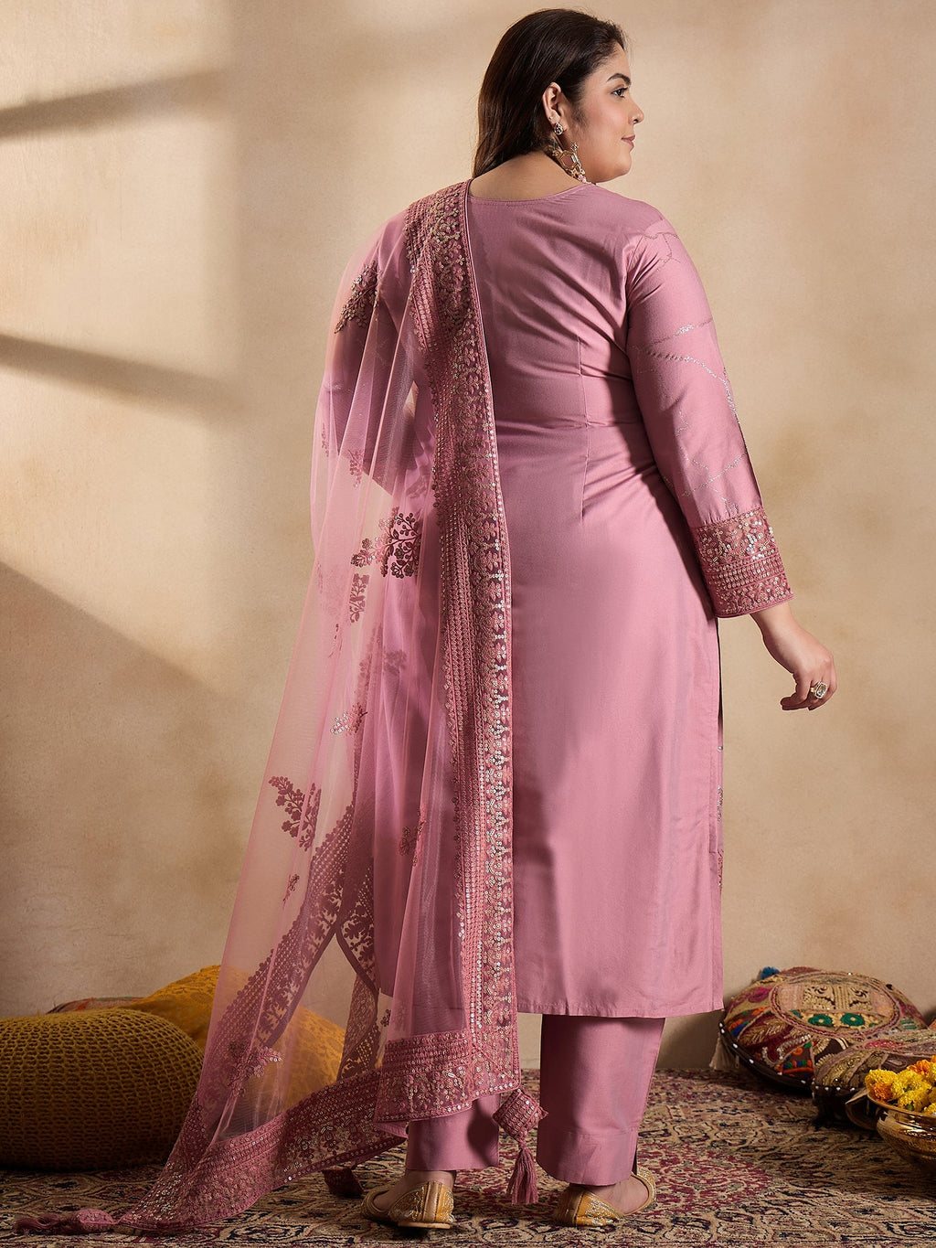 Floral Embroidered Sequinned Straight Kurta with Trouser & Dupatta - ID
