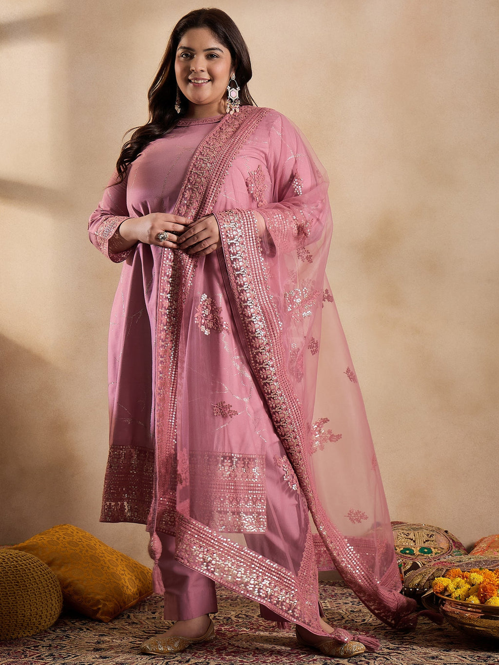 Floral Embroidered Sequinned Straight Kurta with Trouser & Dupatta - ID