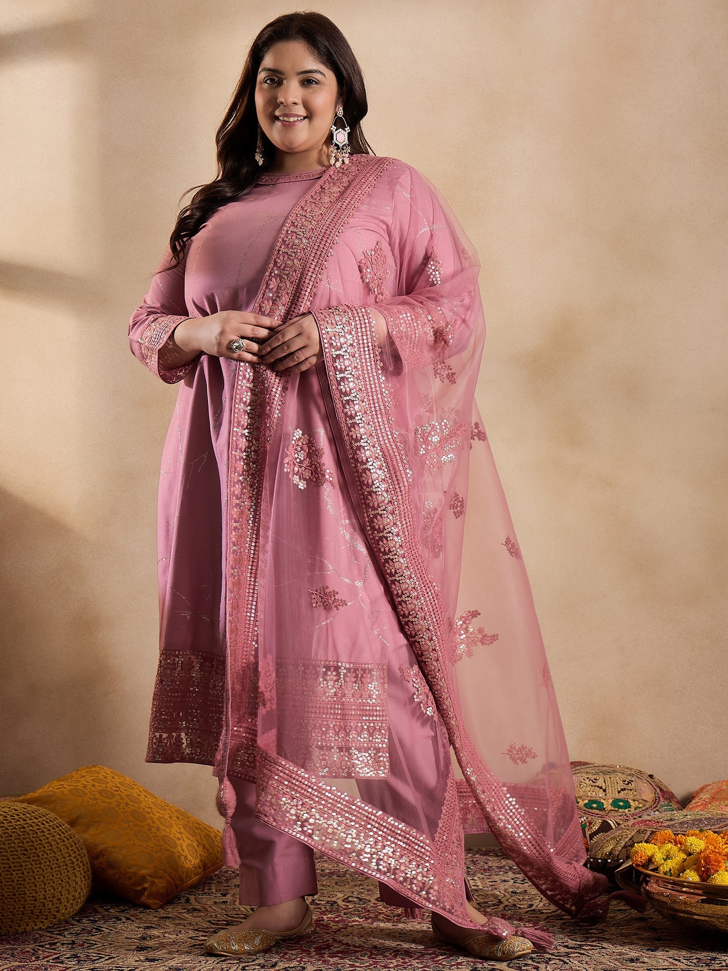 Floral Embroidered Sequinned Straight Kurta with Trouser & Dupatta - ID