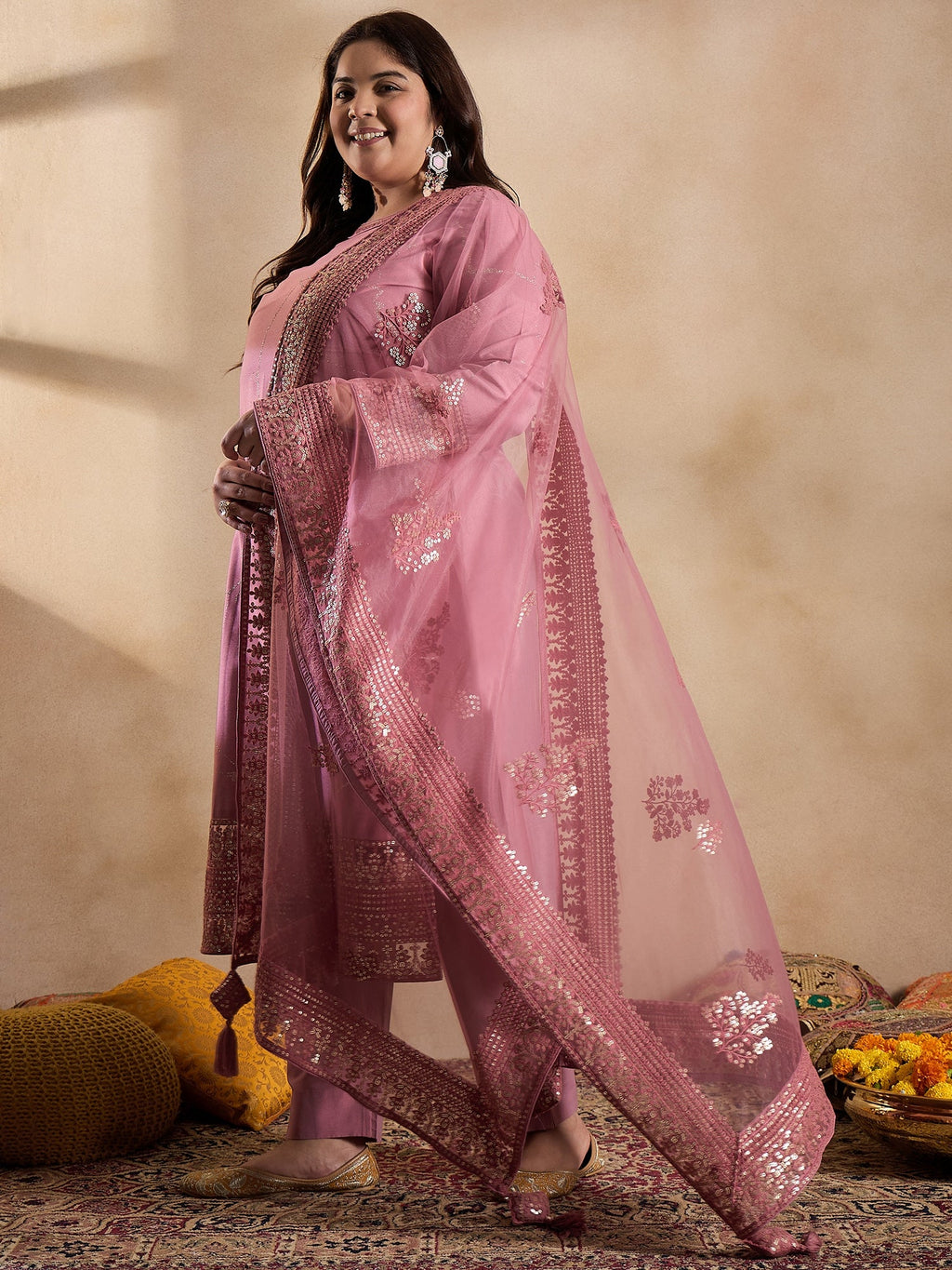 Floral Embroidered Sequinned Straight Kurta with Trouser & Dupatta - ID