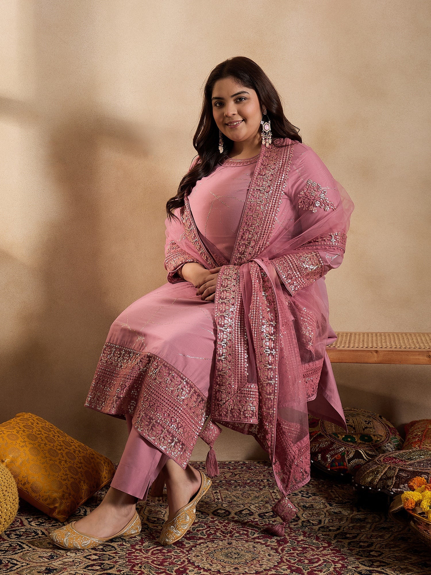 Floral Embroidered Sequinned Straight Kurta with Trouser & Dupatta - ID