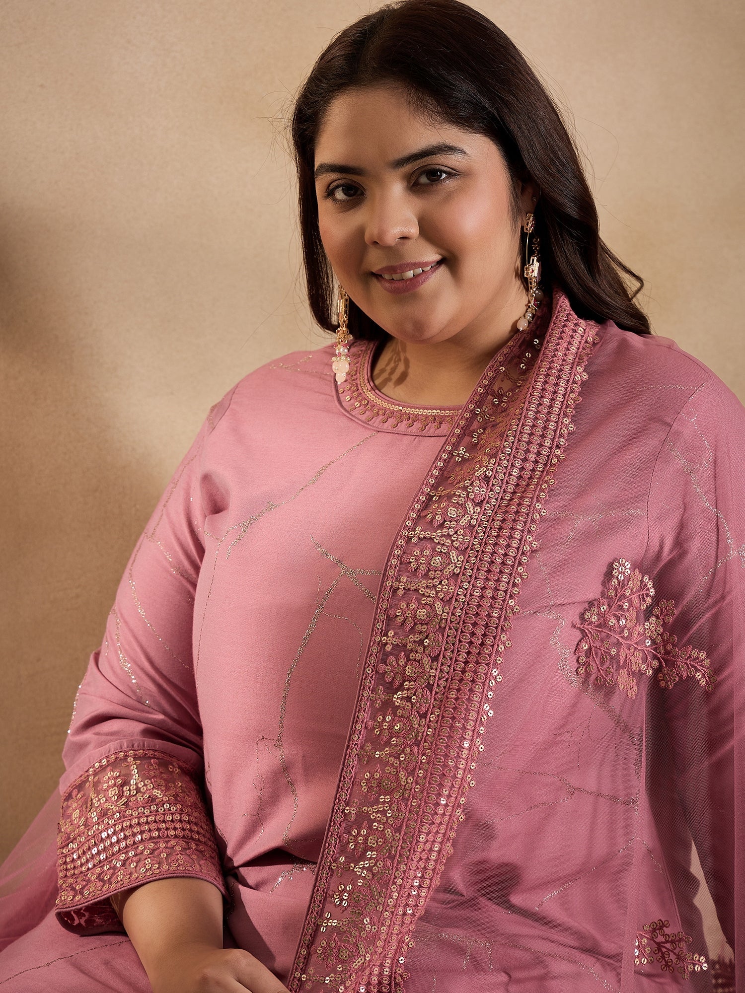 Floral Embroidered Sequinned Straight Kurta with Trouser & Dupatta - ID