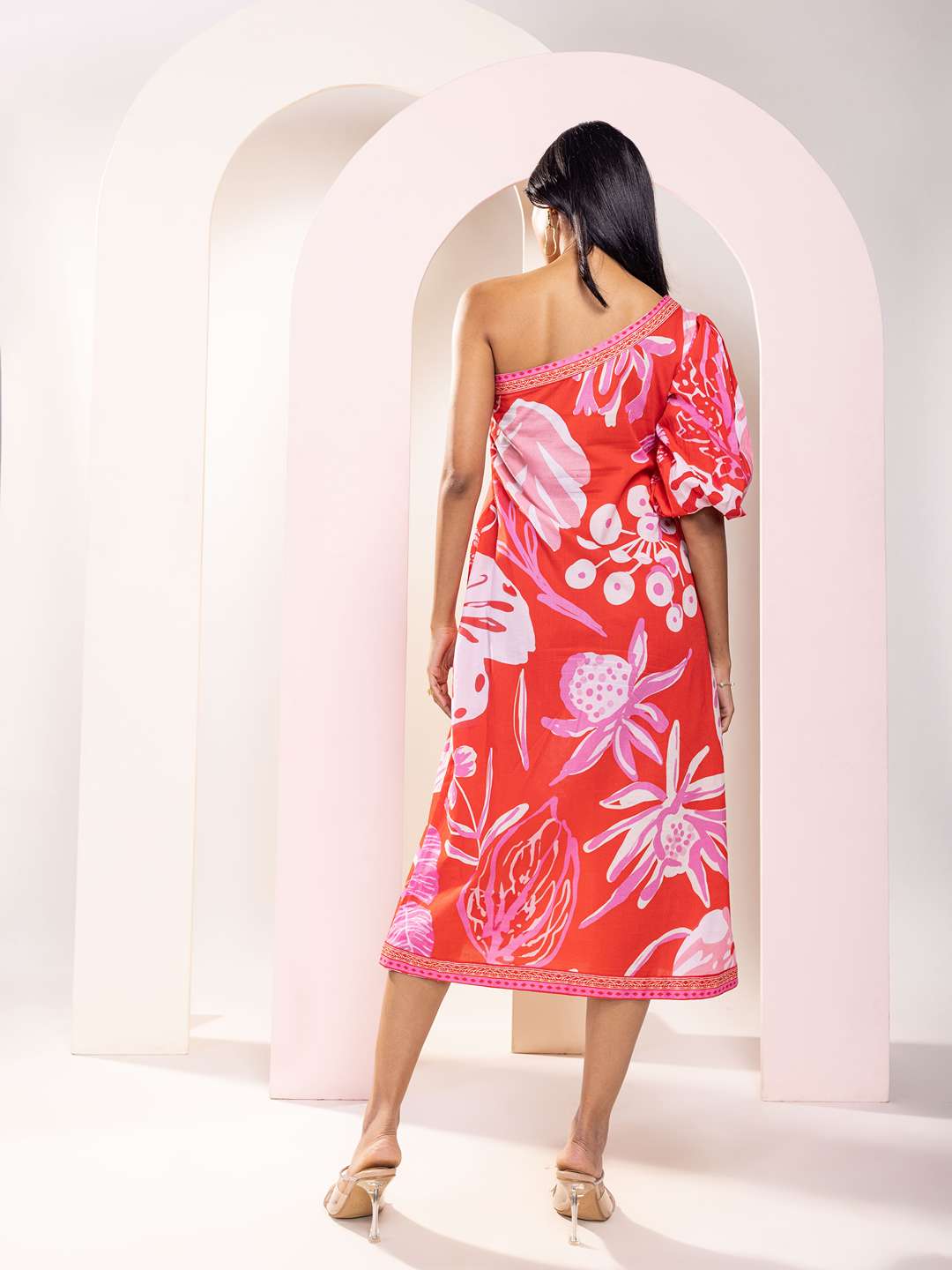 Monstera Printed One Shoulder Midi Dress
