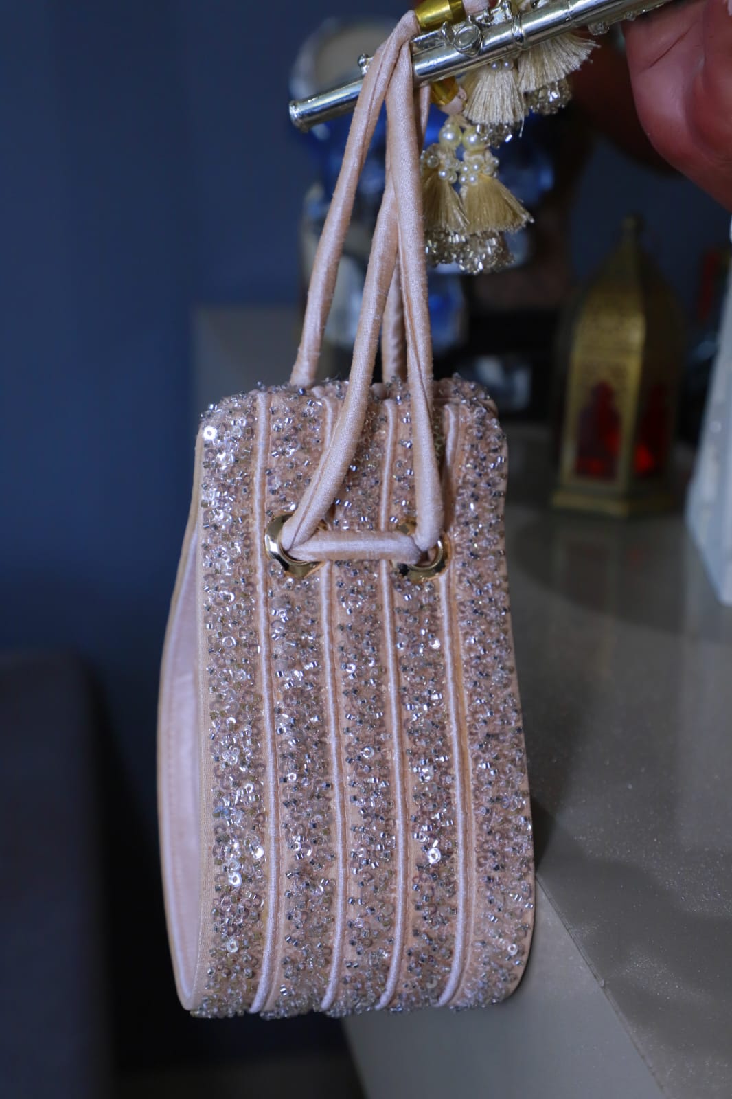 Sequence Work Heavy Embroidery Silk Pull String Peach Women Handbag