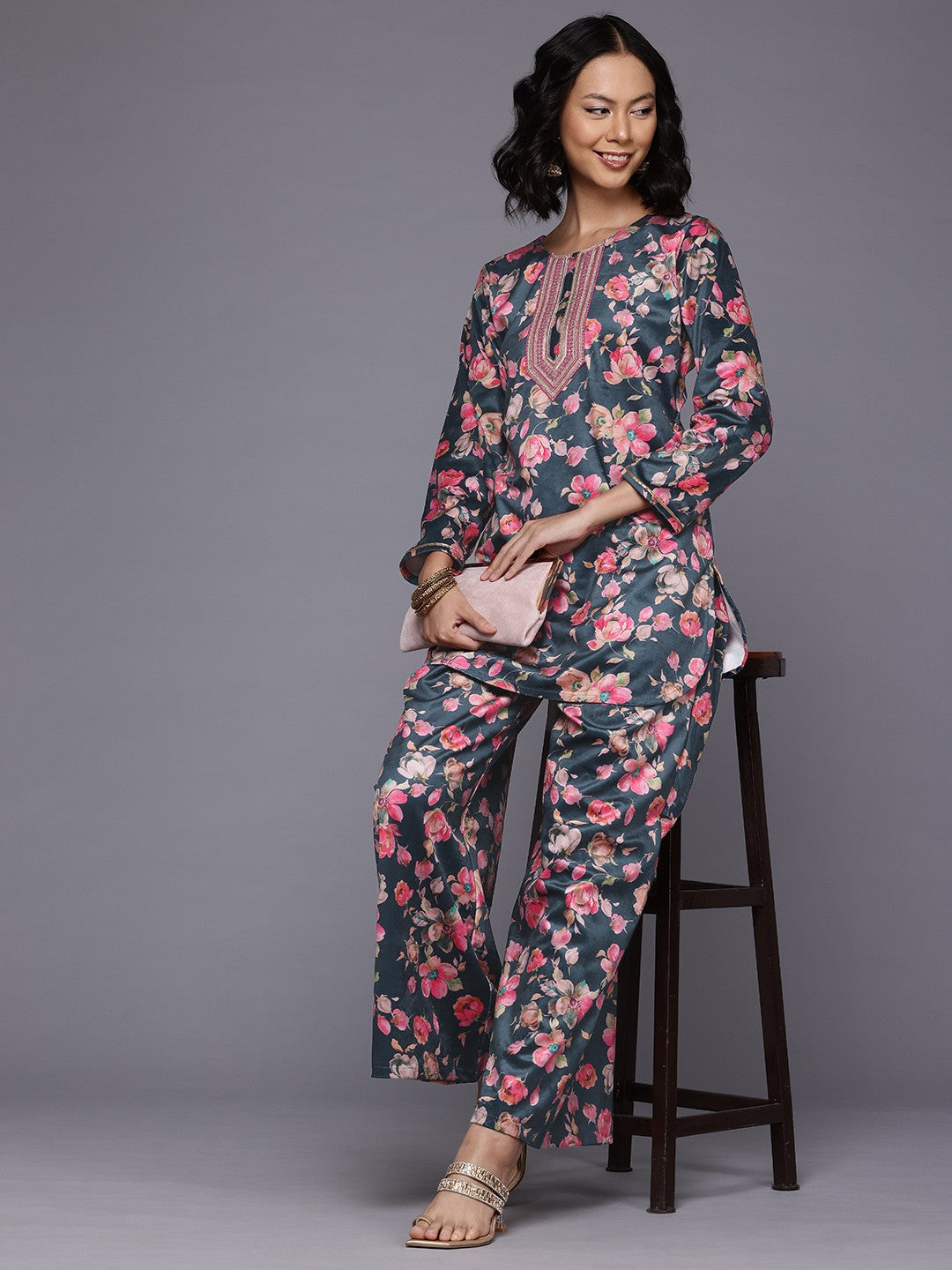 Floral Print Velvet Tunic With Palazzos