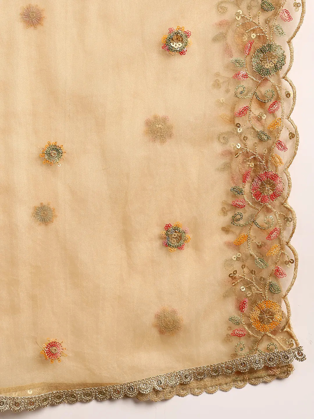 Beige Organza Scalloped Dupatta