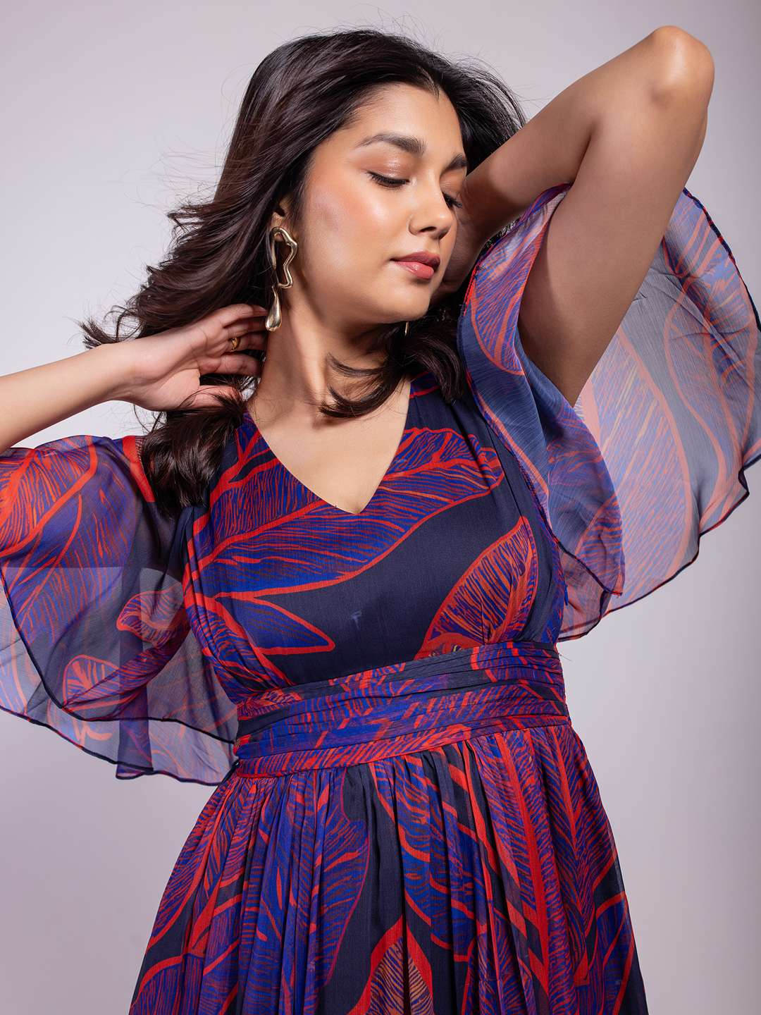 Foliage Printed Tiered Dress