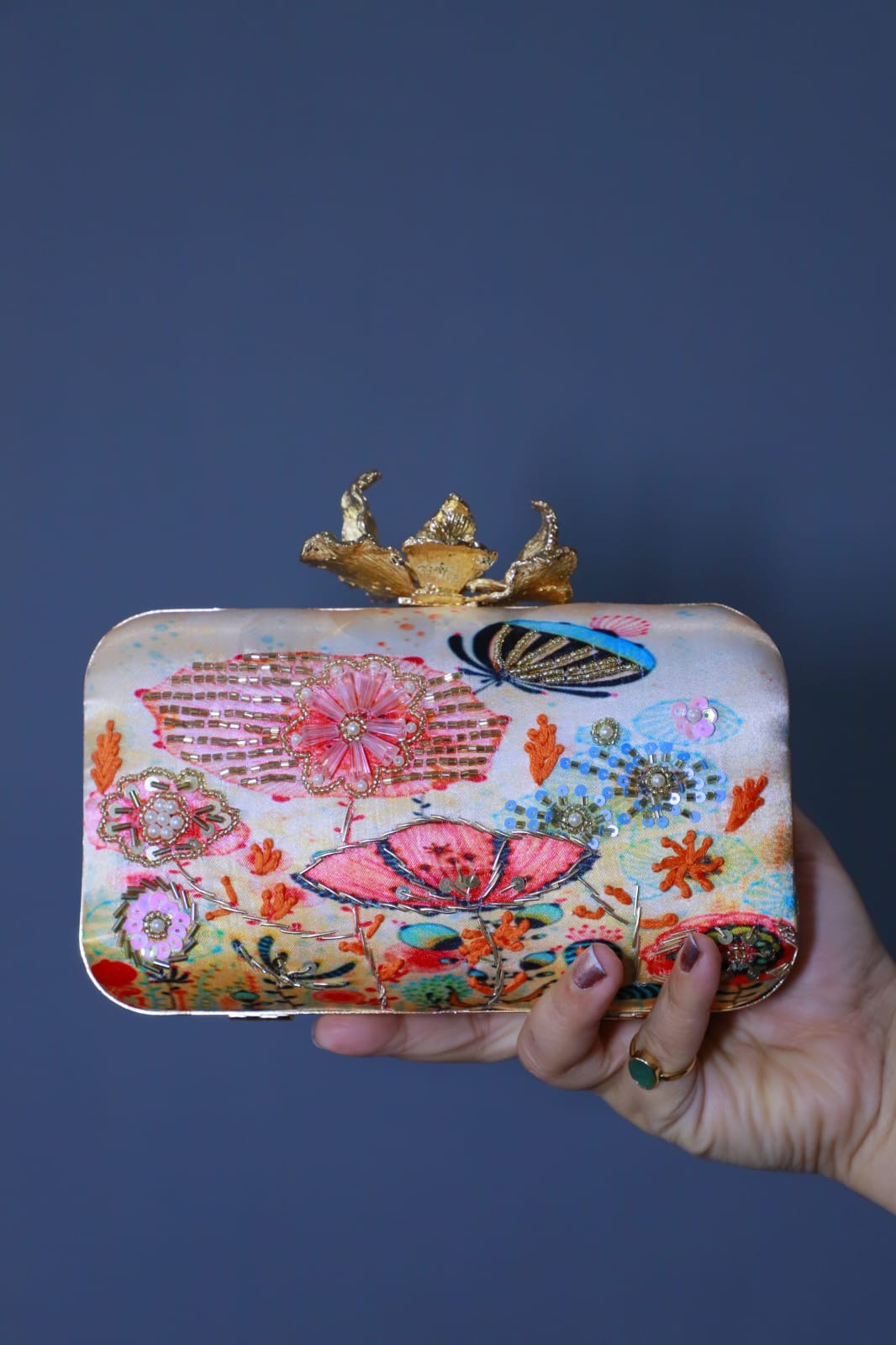 Thread Beaded Work Heavy Embroidery Satin Lock Open Multi Colour Women Handbag