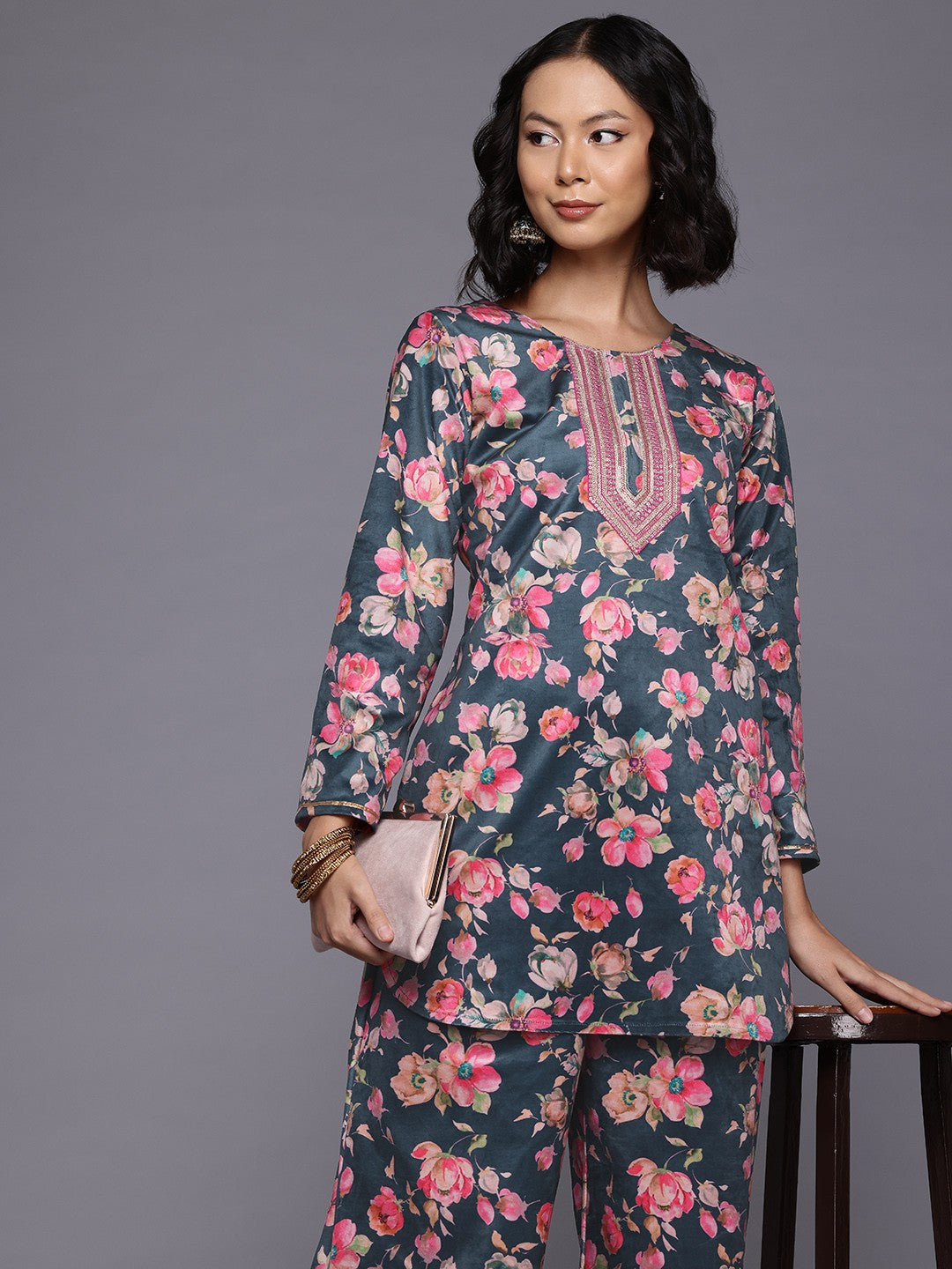 Floral Print Velvet Tunic With Palazzos