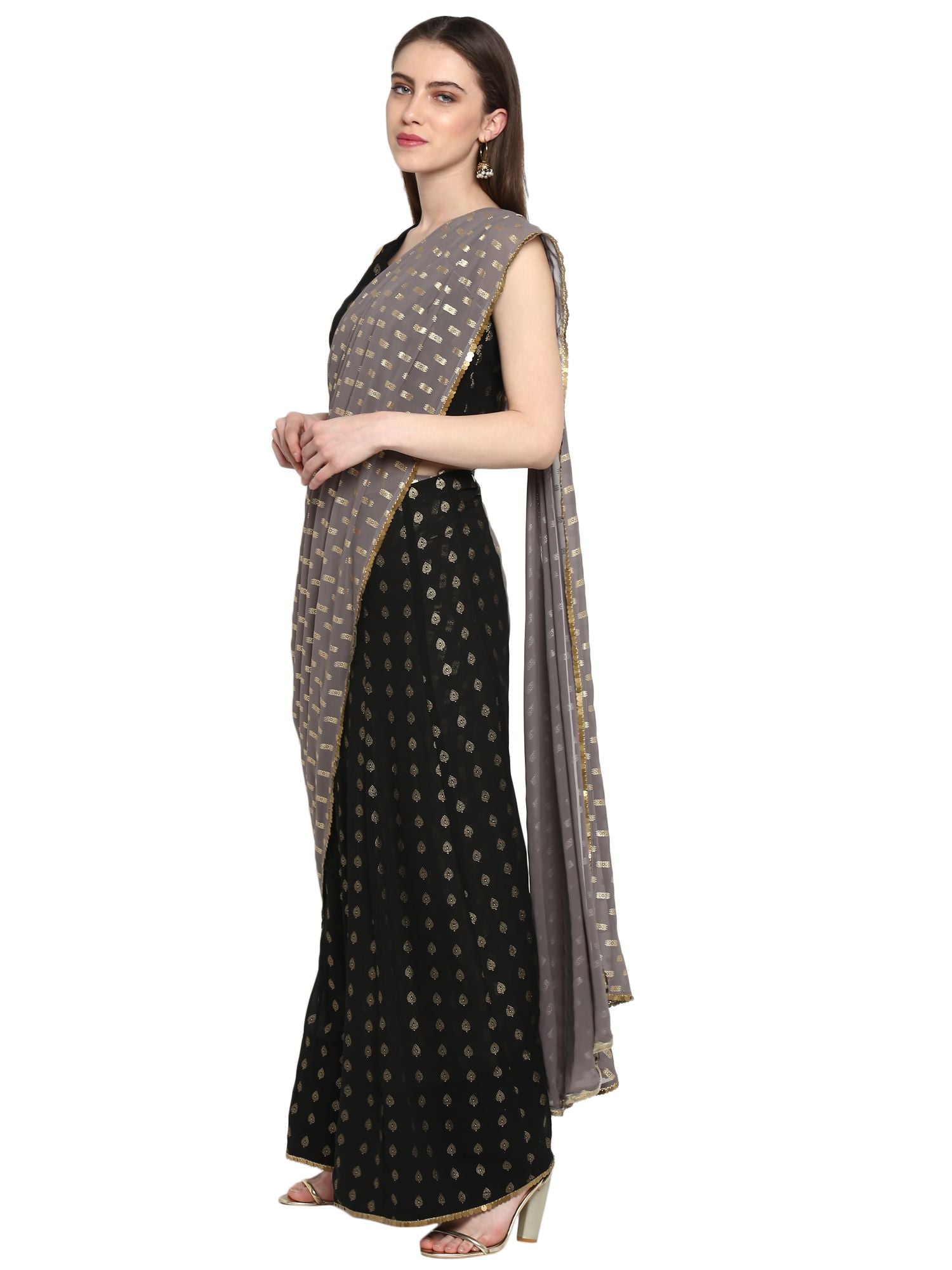 Black Georgette Foil Print Ready to Wear Saree