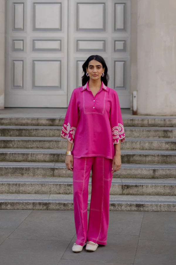 PINK BRODERIE LINEN SET- II