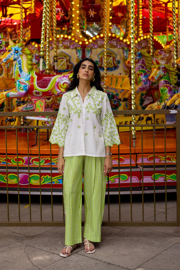 WHITE LINEN CUTWORK TOP WITH GREEN STRIPED PANTS- II