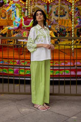 WHITE LINEN CUTWORK TOP WITH GREEN STRIPED PANTS- II