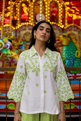 WHITE LINEN CUTWORK TOP WITH GREEN STRIPED PANTS- II