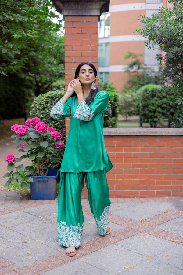 EMERALD GREEN EMBROIDERED FARSHI SALWAR SET- II