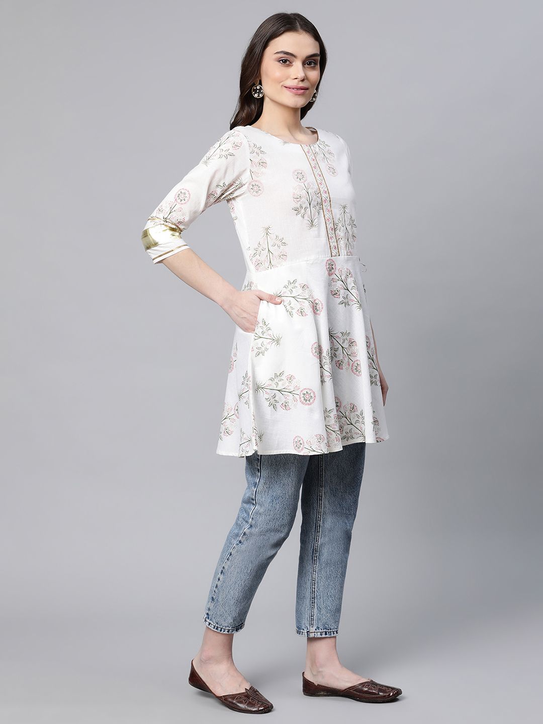 Off White Pure Cotton Floral Printed Tunic