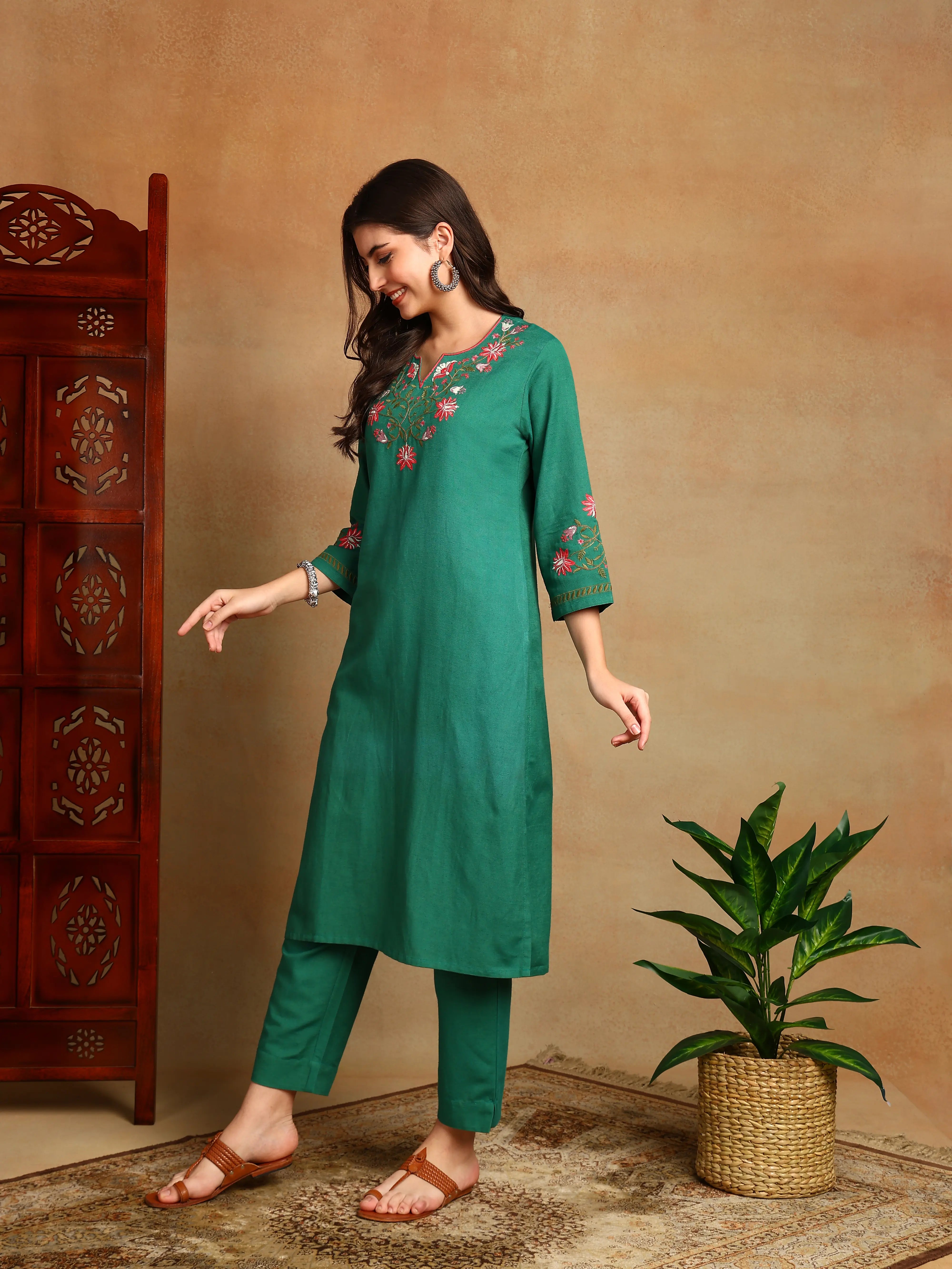 Green Embroidered Flax Linen Kurta