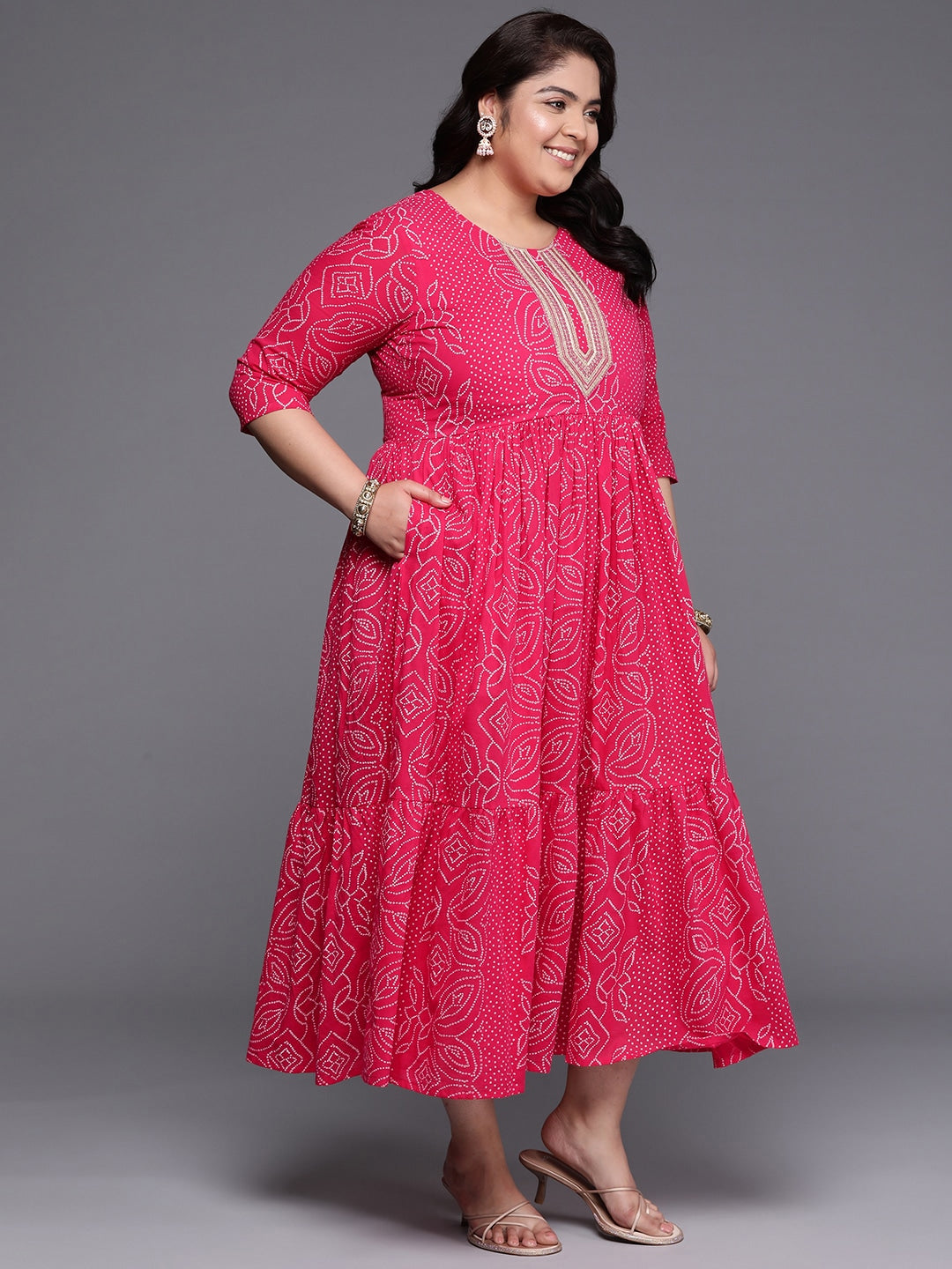 Plus Size Printed Fit & Flare Midi Ethnic Dress