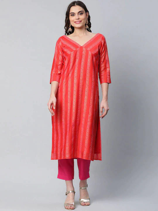 Red Striped Kurta with Trousers